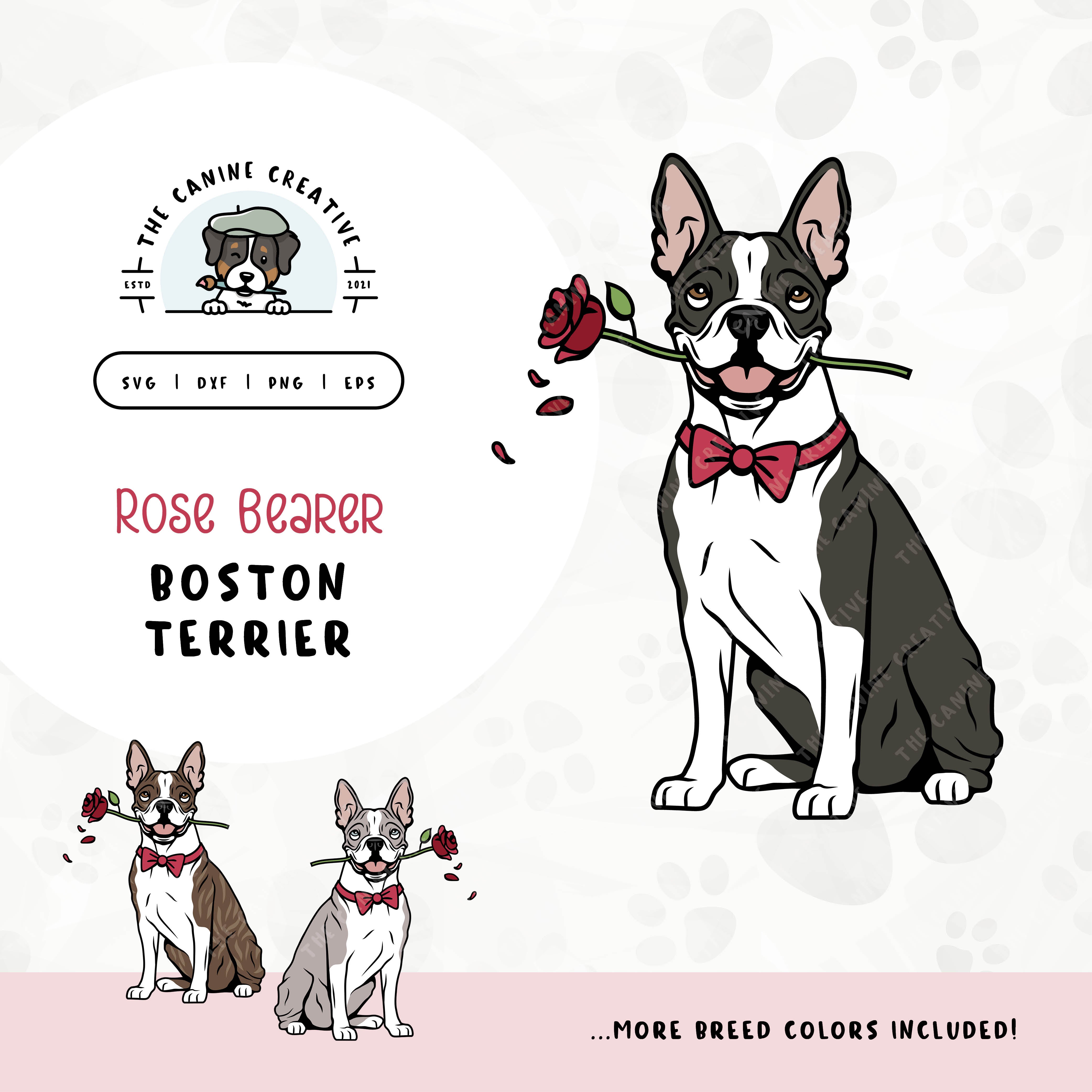 This charming illustration of a Boston Terrier features a dapper dog adorned with a bow-tie and holding a rose. File formats include: SVG, DXF, PNG, and EPS.