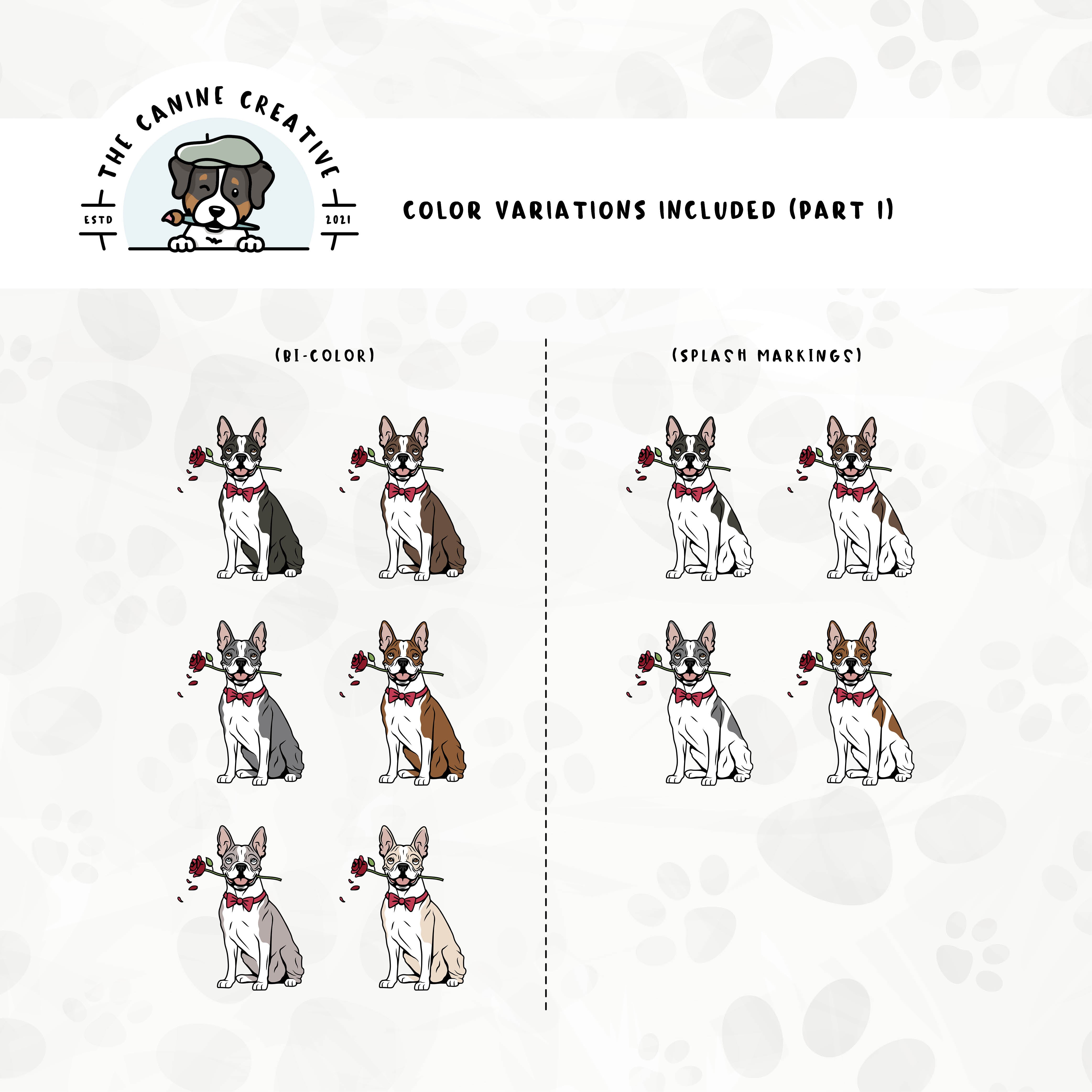 Part 1 of dog color variations for this Boston design set includes multiple bi-color options in standard and splash markings.
