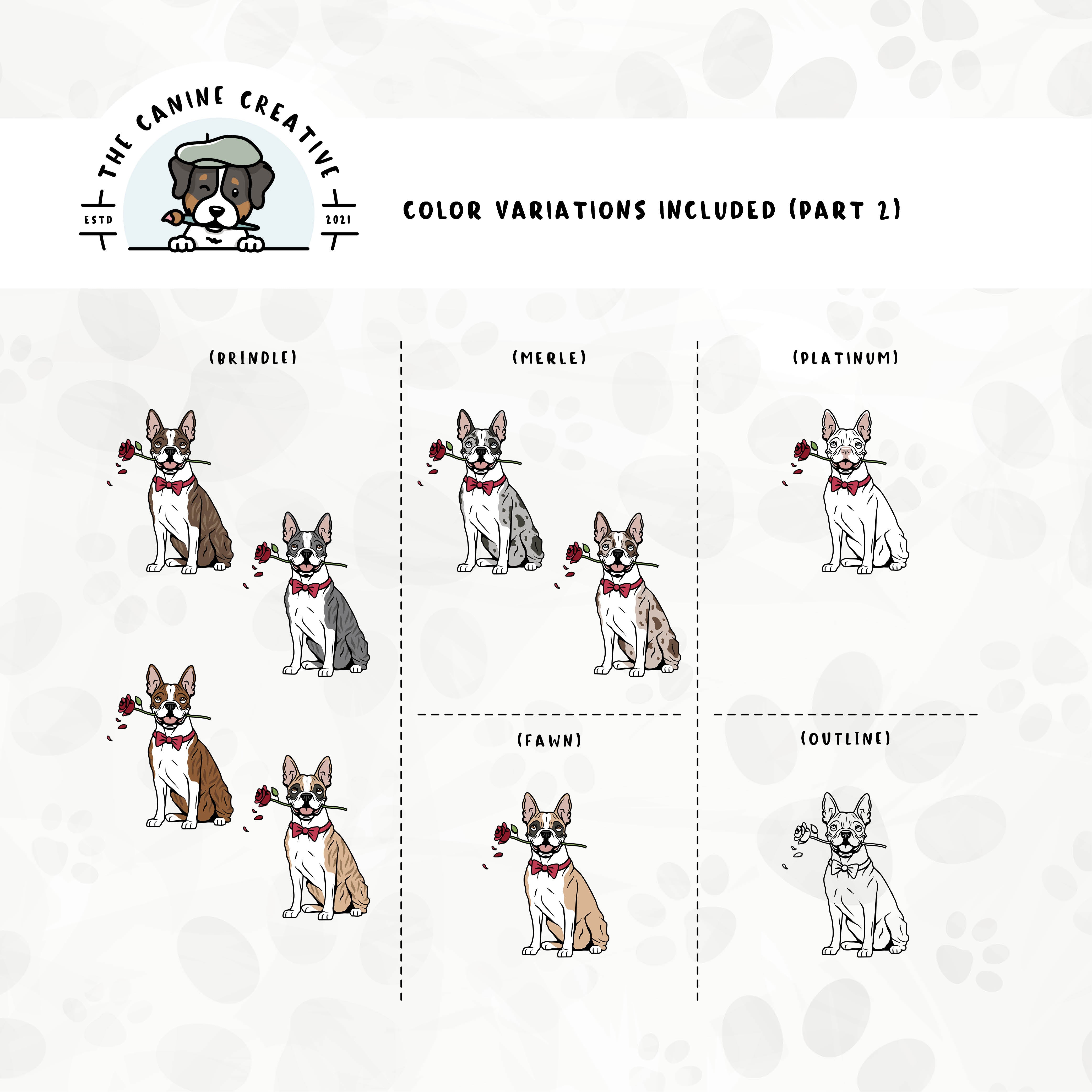 Part 2 of dog color variations for this Boston design set includes brindle, merle, fawn, and platinum colors, as well as an outline version.