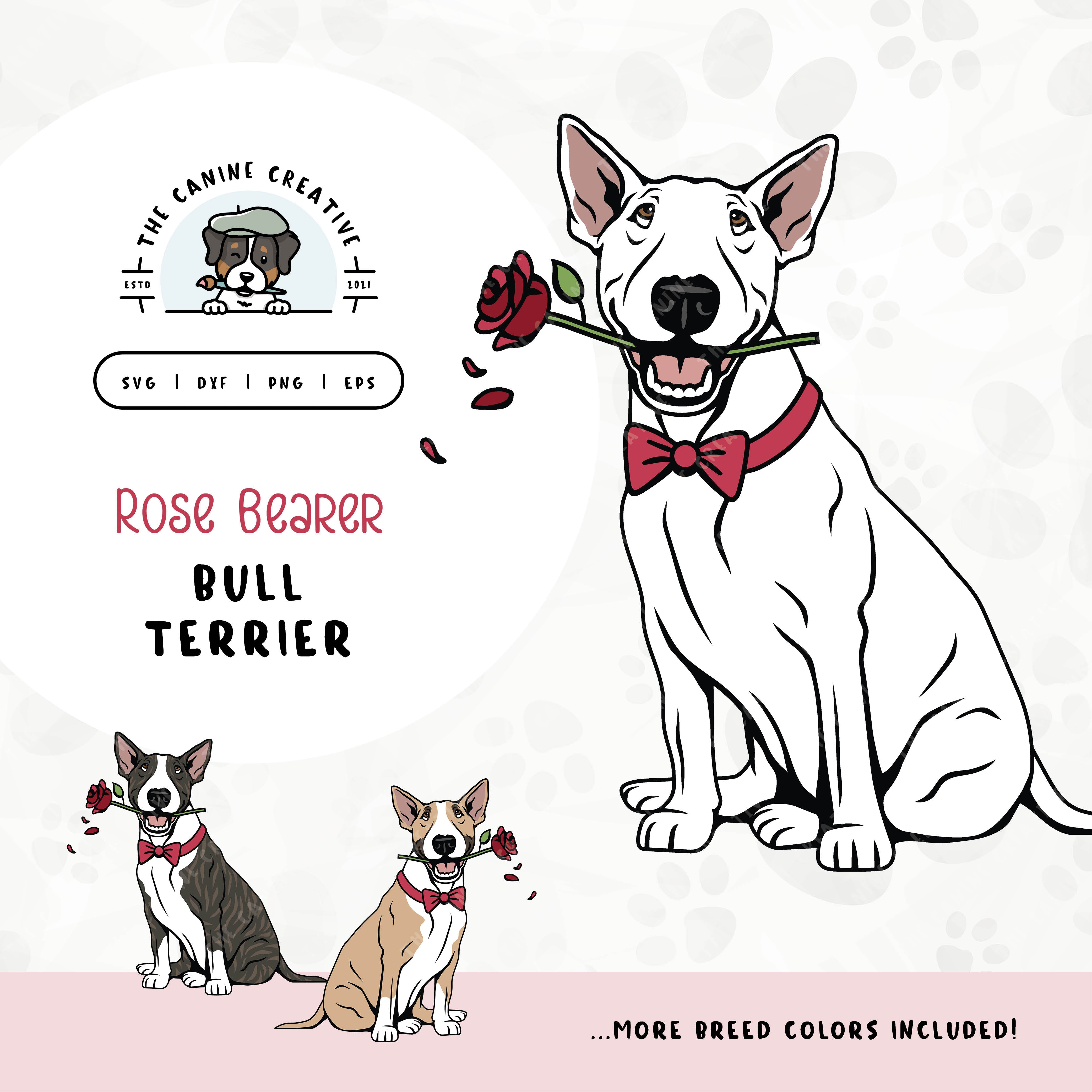 This charming illustration of a Bull Terrier with a long tail features a dapper dog adorned with a bow-tie and holding a rose. File formats include: SVG, DXF, PNG, and EPS.