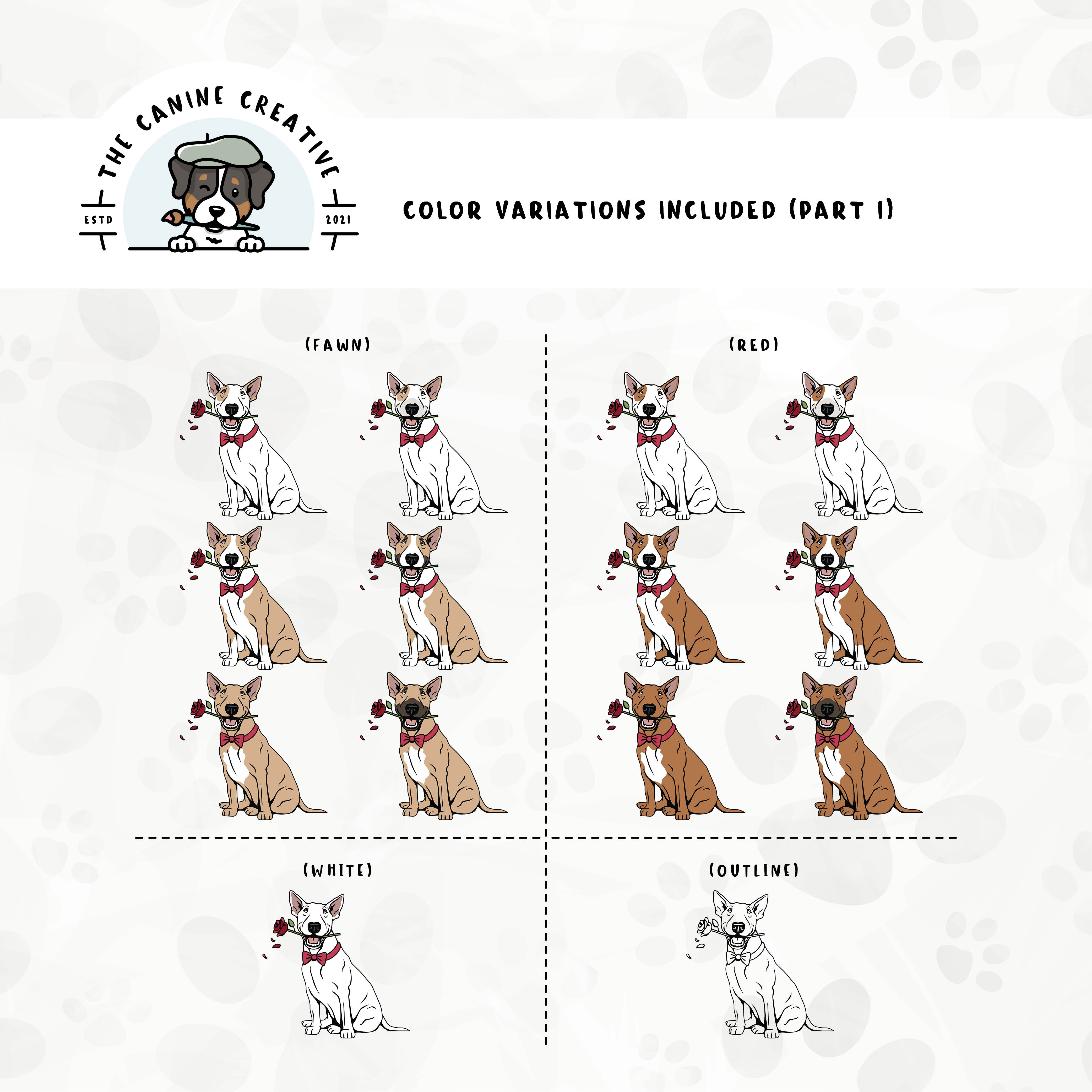 Part 1 of dog color variations for this design set includes common color and marking variations found in this Bully breed (white, bi-color, and smut), as well as an outline option.an outline option.