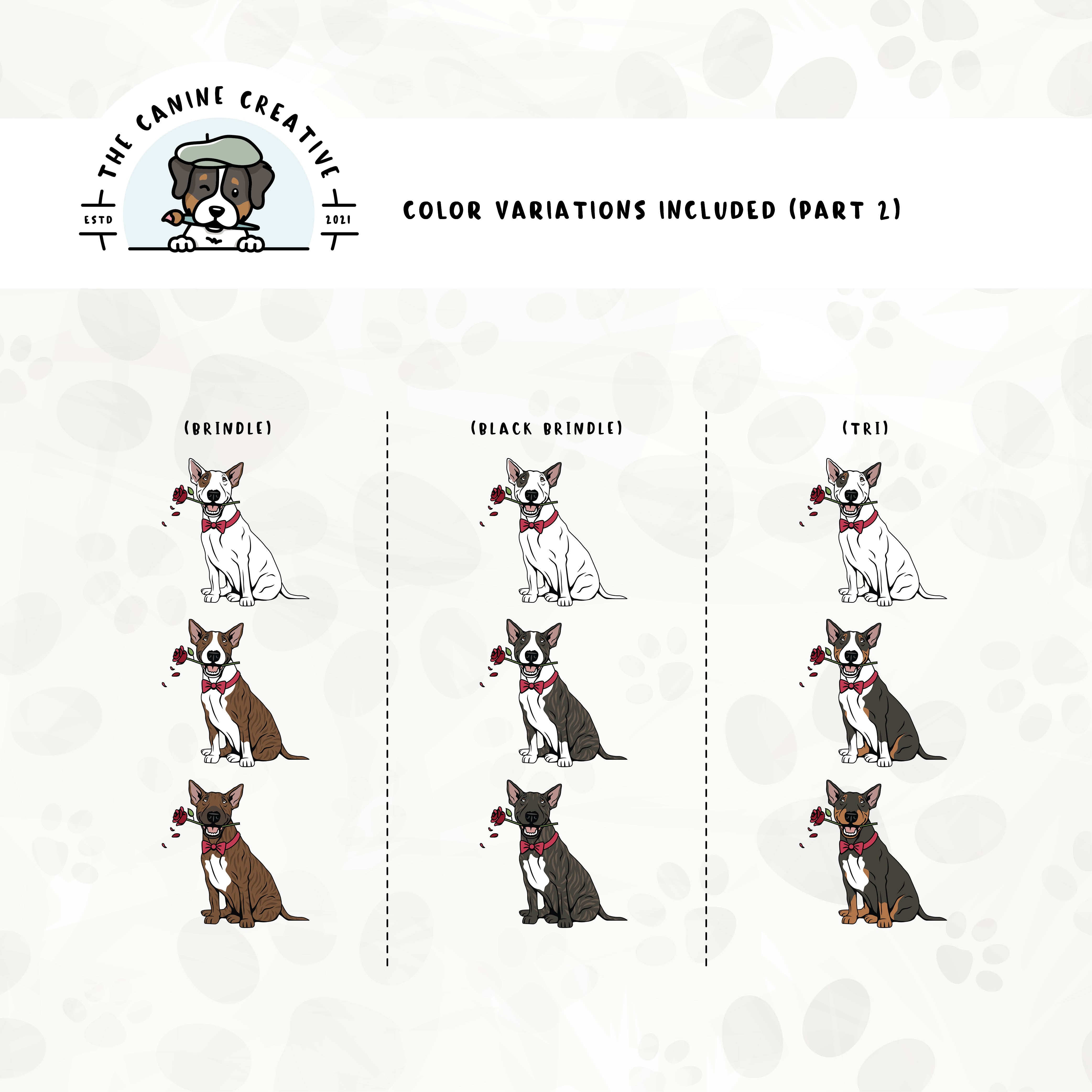 Part 2 of dog color variations for this design set includes common color and marking variations found in this Bully breed (brindle and tri-color).