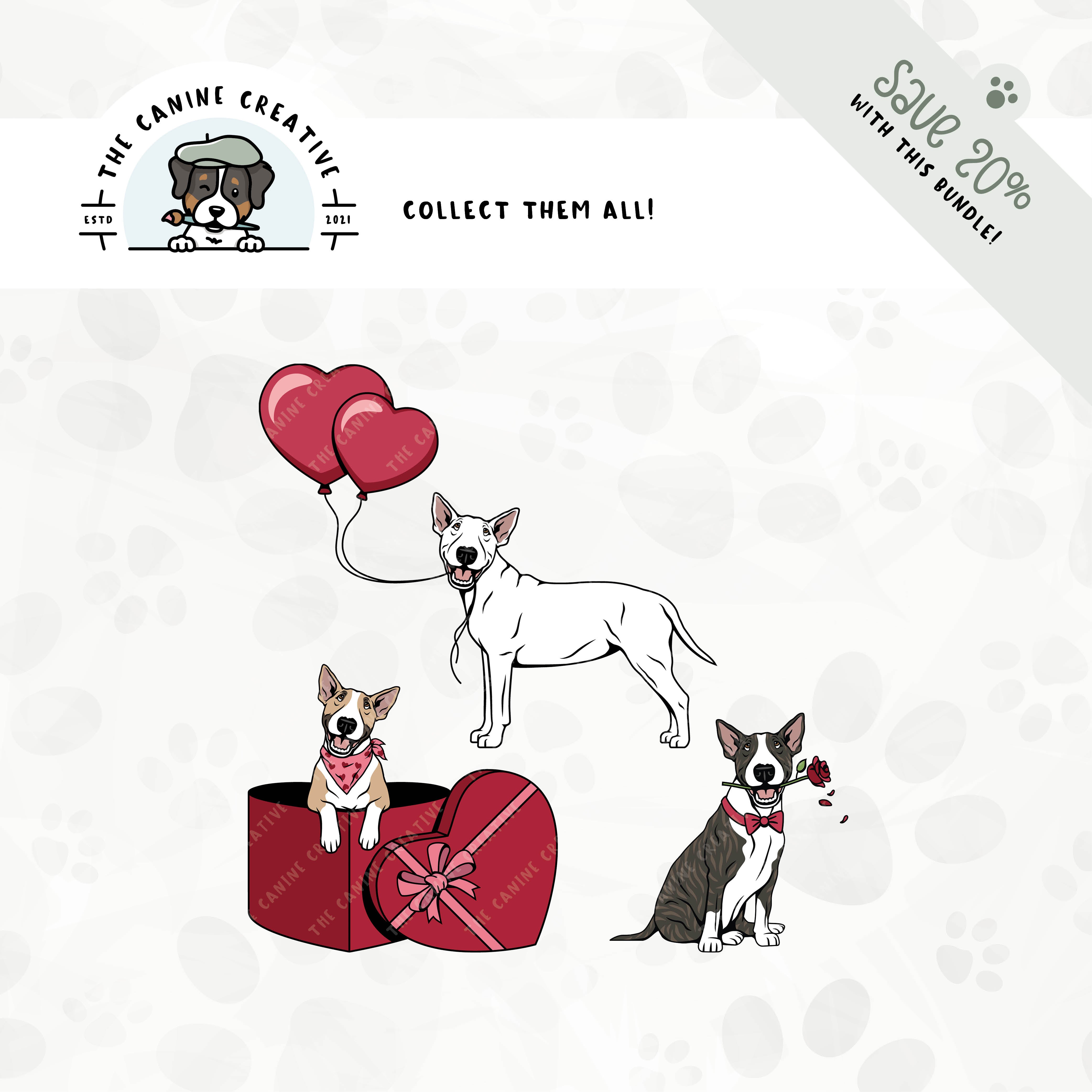 Save 20% with our related 3-pack puppy love design bundle featuring Bull Terriers!