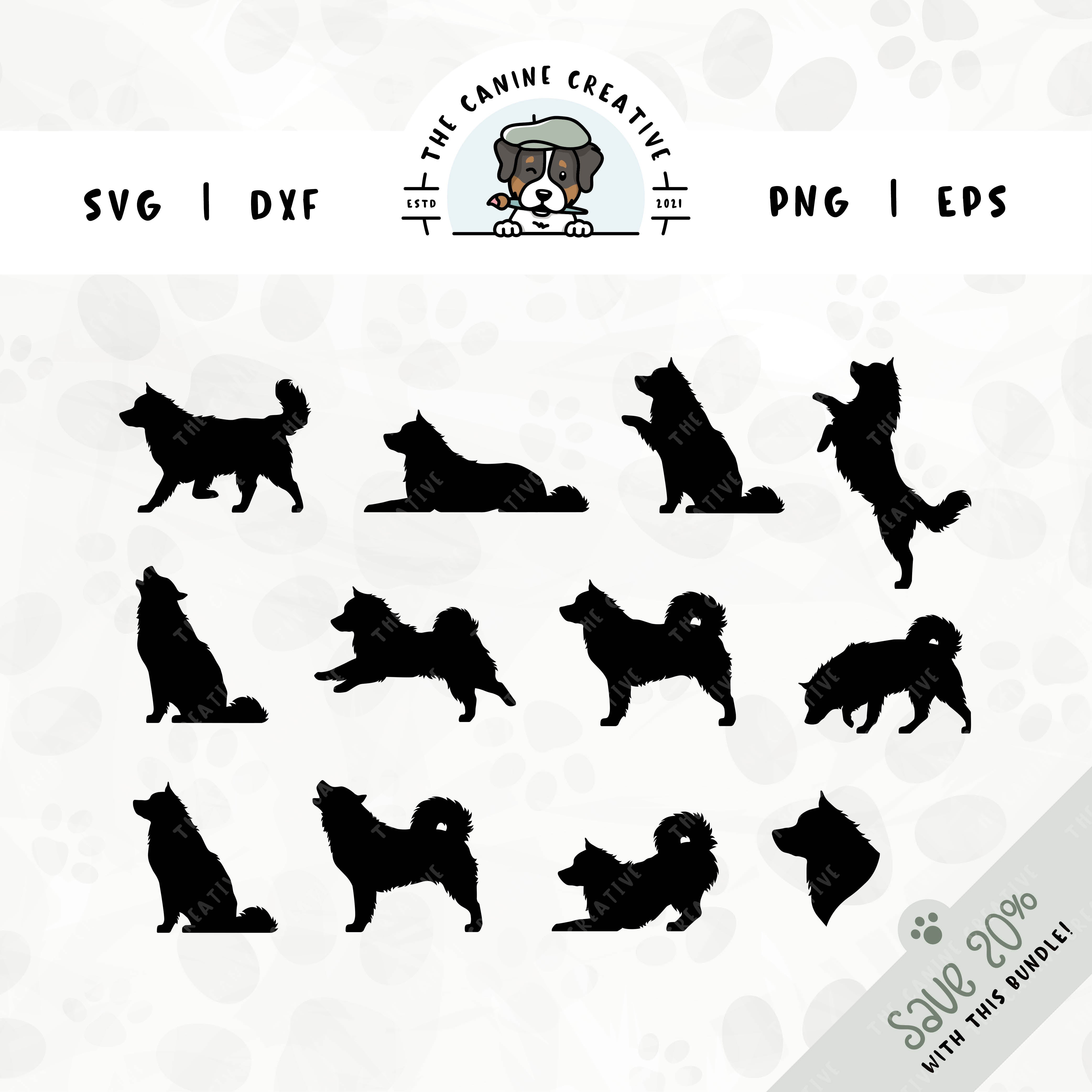 This 12-pack Alaskan Malamute silhouette bundle features a dog's head in profile, along with various poses including running, laying down, playing, standing, sitting, walking, jumping up, sniffing, barking, howling, and shaking a paw. File formats include: SVG, DXF, PNG, and EPS.
