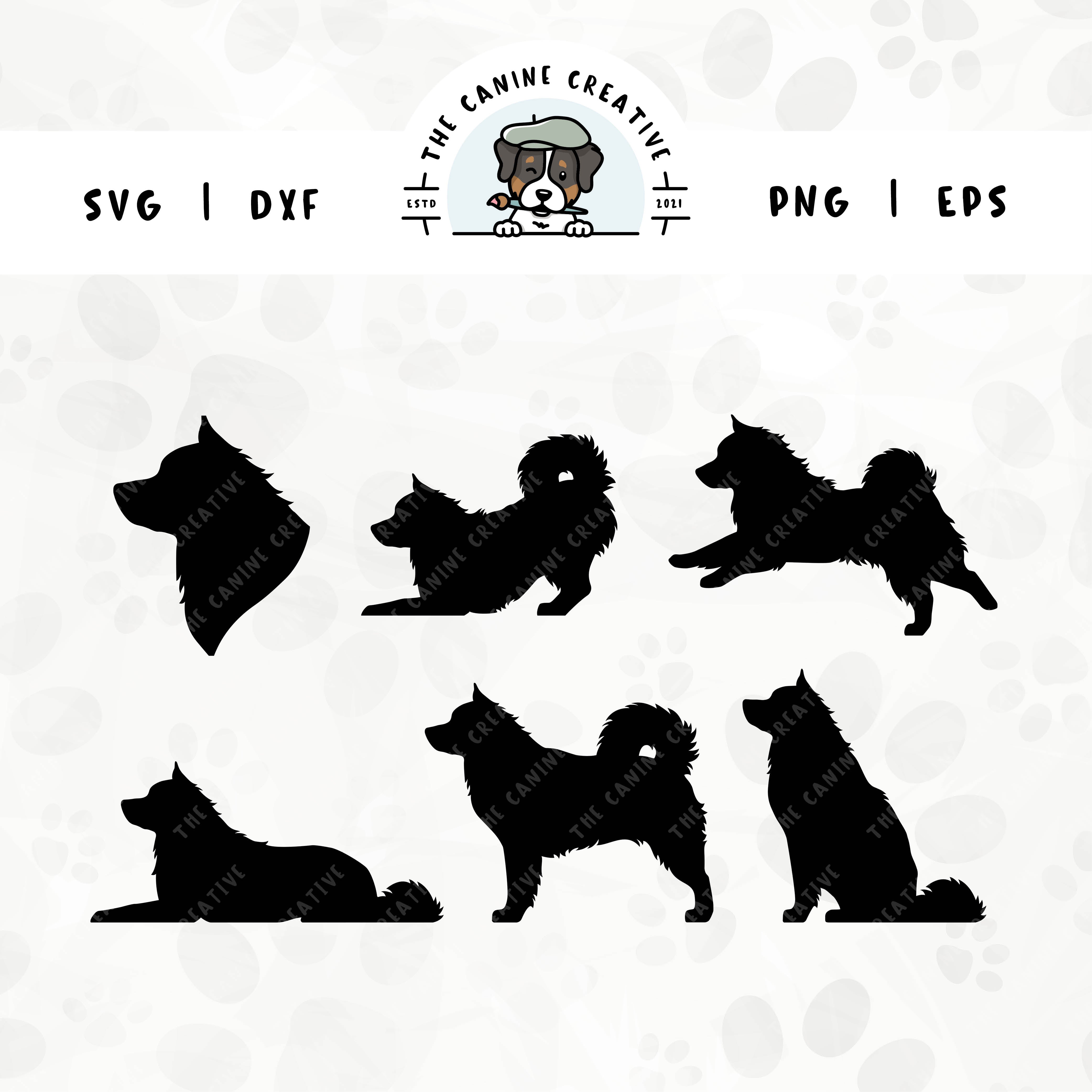 This 6-pack Alaskan Malamute silhouette bundle (set 1) features a dog's head in profile, along with various poses including running, laying down, playing, standing, and sitting. File formats include: SVG, DXF, PNG, and EPS.