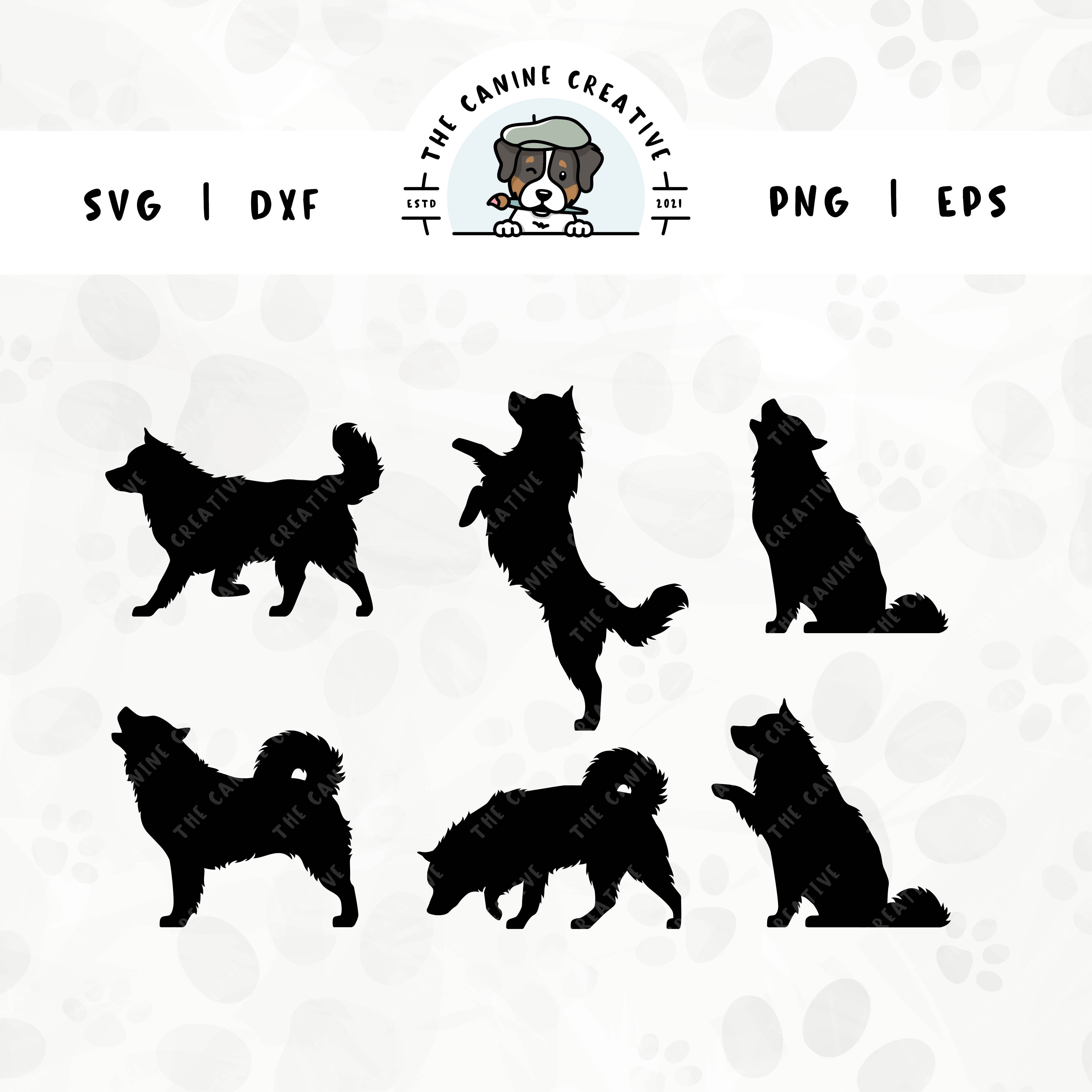 This 6-pack Alaskan Malamute silhouette bundle (set 2) features various dog poses including walking, shaking a paw, jumping up, sniffing, barking, and howling. File formats include: SVG, DXF, PNG, and EPS.