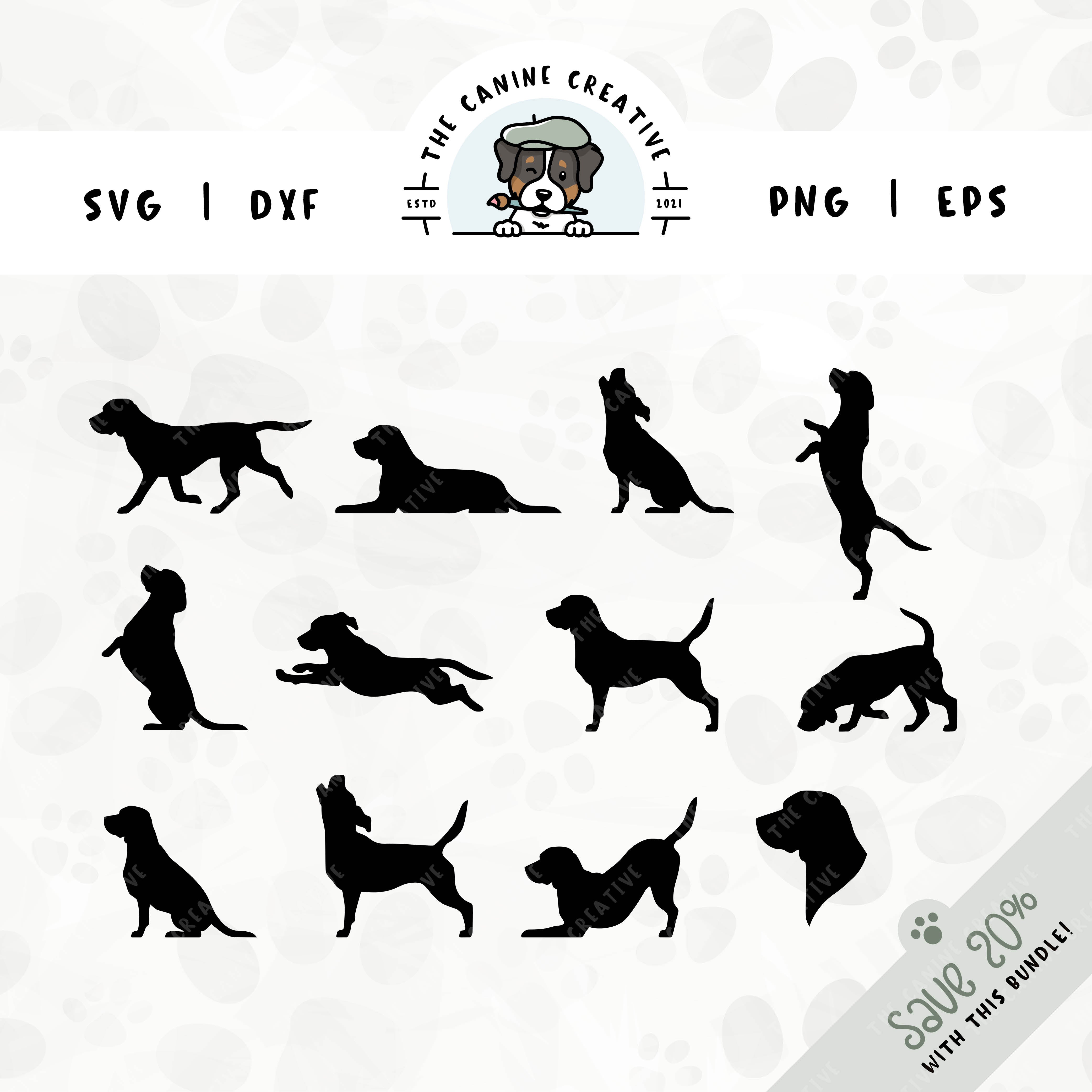 This 12-pack Beagle silhouette bundle features a dog's head in profile, along with various poses including running, laying down, playing, standing, sitting, walking, jumping up, begging, baying, howling, and sniffing. File formats include: SVG, DXF, PNG, and EPS.