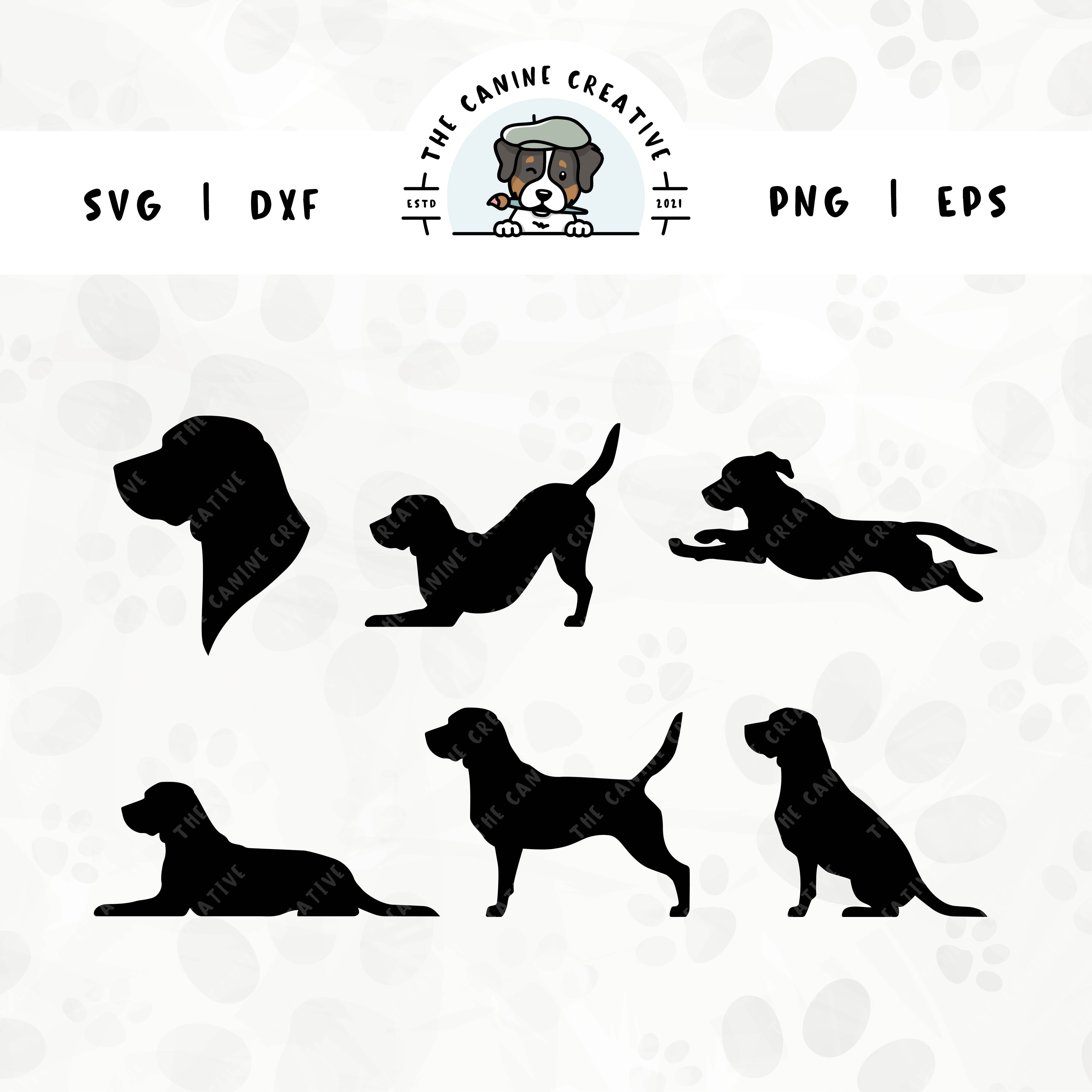 This 6-pack Beagle silhouette bundle (set 1) features a dog's head in profile, along with various poses including running, laying down, playing, standing, and sitting. File formats include: SVG, DXF, PNG, and EPS.
