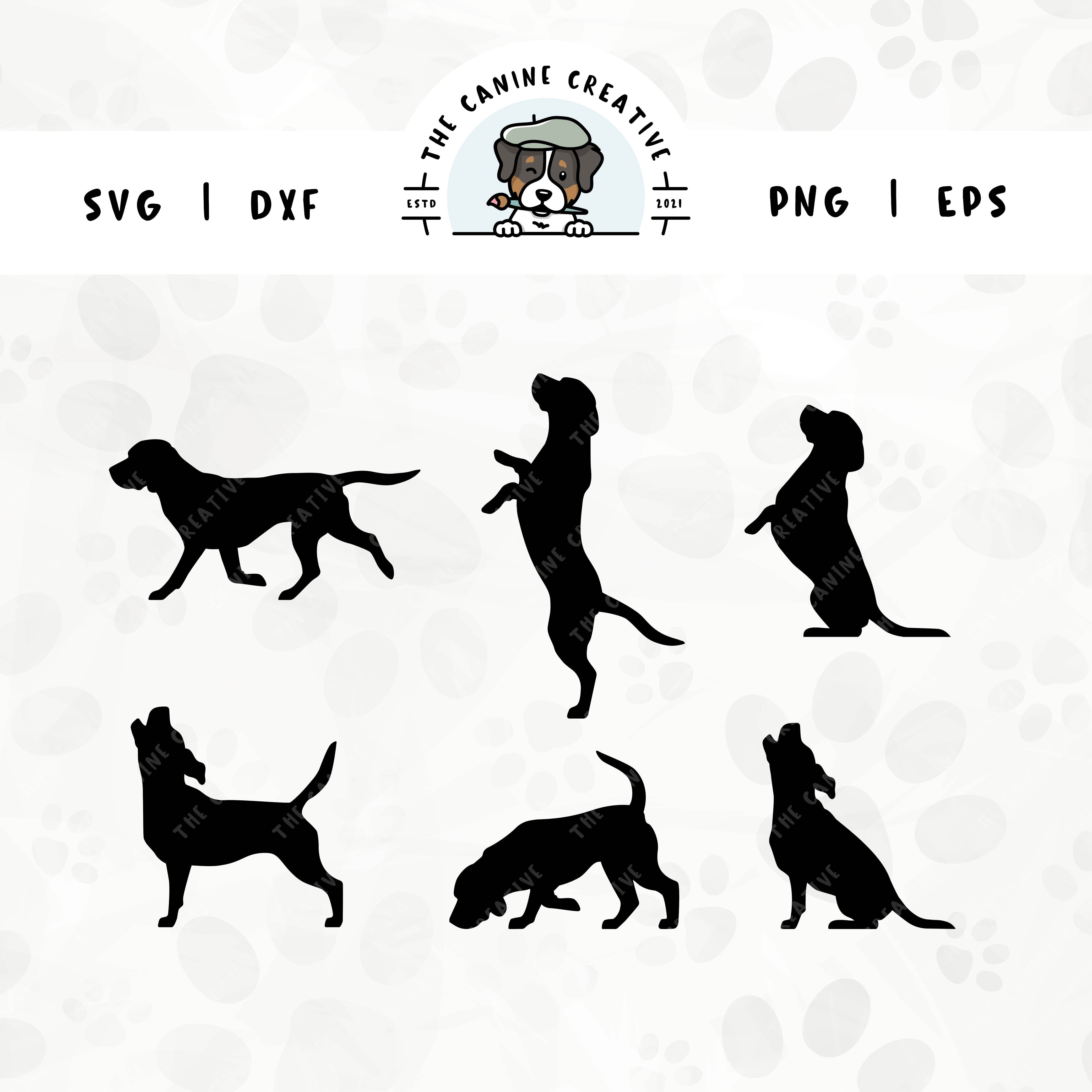 This 6-pack Beagle silhouette bundle (set 2) features various dog poses including walking, begging, jumping up, sniffing, baying, and howling. File formats include: SVG, DXF, PNG, and EPS.