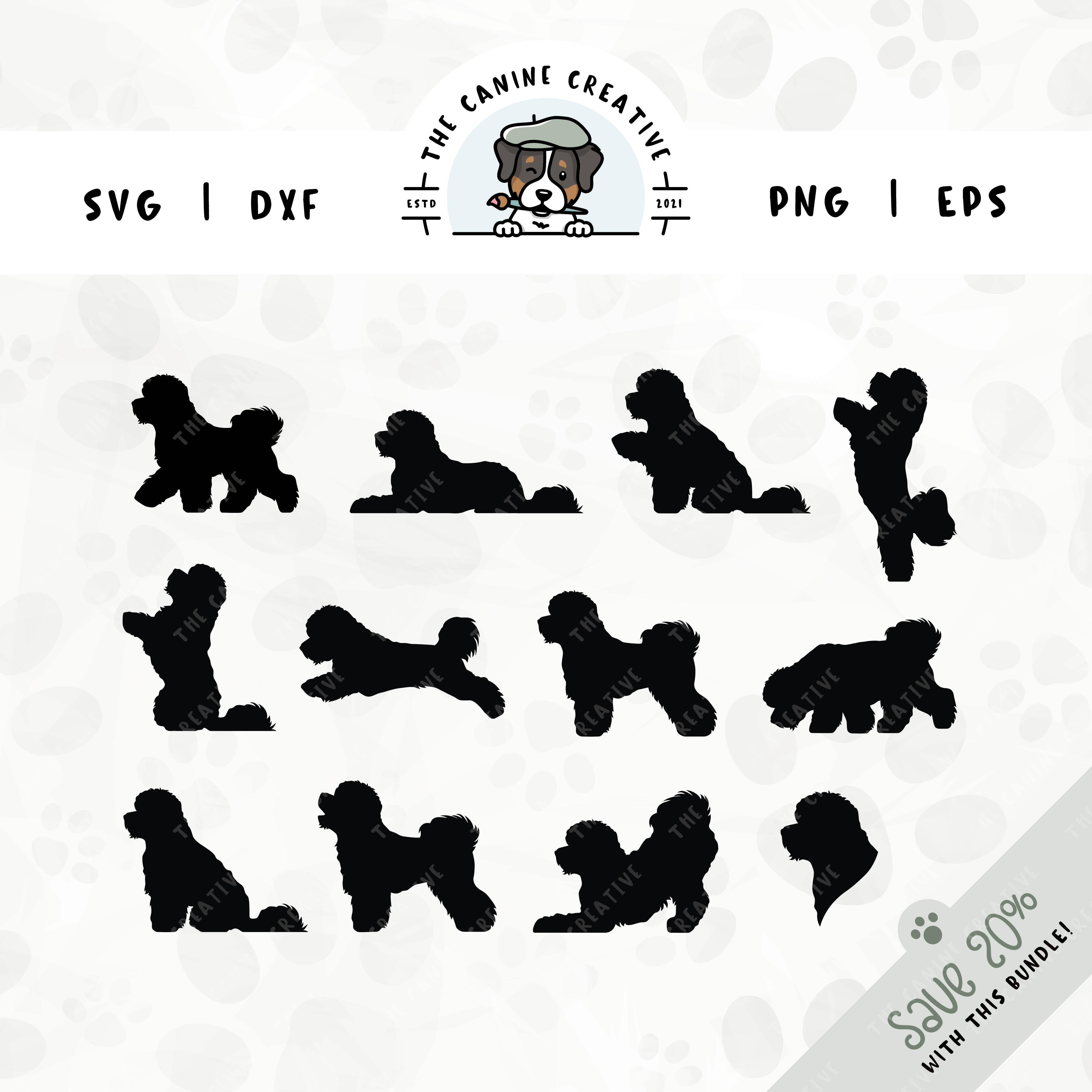 This 12-pack Bichon Frise silhouette bundle features a dog's head in profile, along with various poses including running, laying down, playing, standing, sitting, walking, jumping up, begging, barking, sniffing, and shaking a paw. File formats include: SVG, DXF, PNG, and EPS.