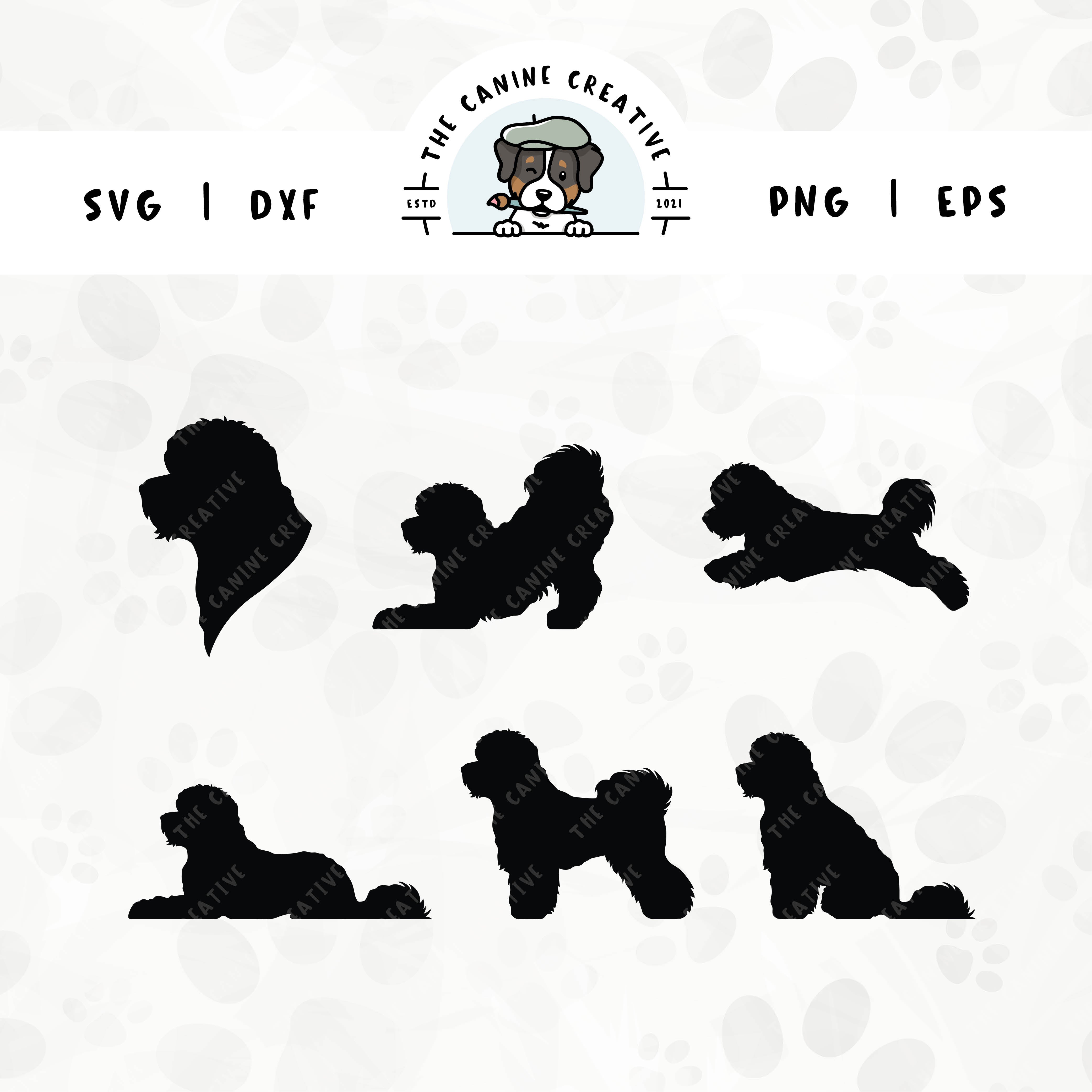 This 6-pack Bichon Frise silhouette bundle (set 1) features a dog's head in profile, along with various poses including running, laying down, playing, standing, and sitting. File formats include: SVG, DXF, PNG, and EPS.