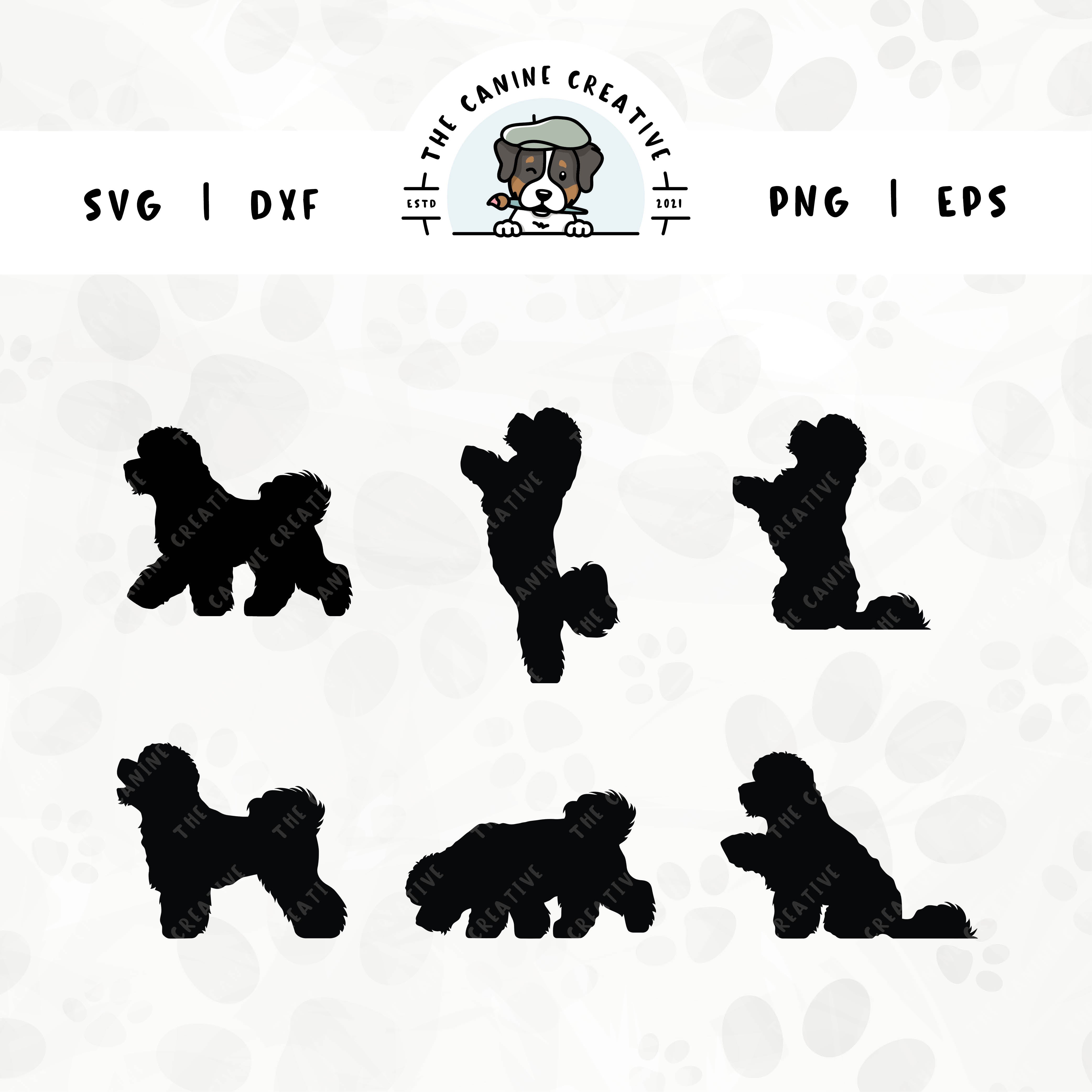 This 6-pack Bichon Frise silhouette bundle (set 2) features various dog poses including walking, jumping up, begging, barking, sniffing, and shaking a paw. File formats include: SVG, DXF, PNG, and EPS.
