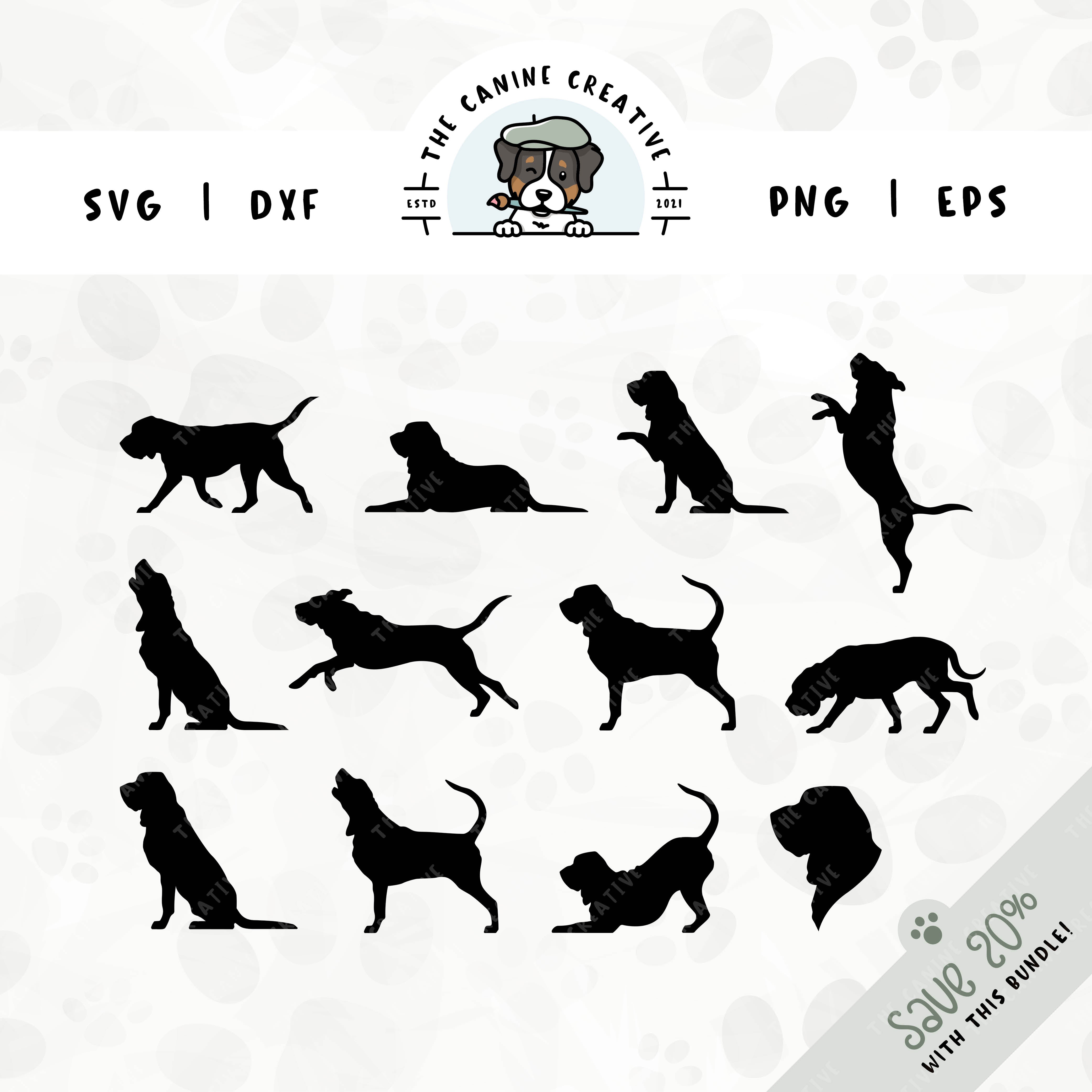 This 12-pack Bloodhound silhouette bundle (set 2) features a dog's head in profile, along with various poses including running, laying down, playing, standing, sitting, walking, jumping up, howling, baying, sniffing, and shaking a paw. File formats include: SVG, DXF, PNG, and EPS.