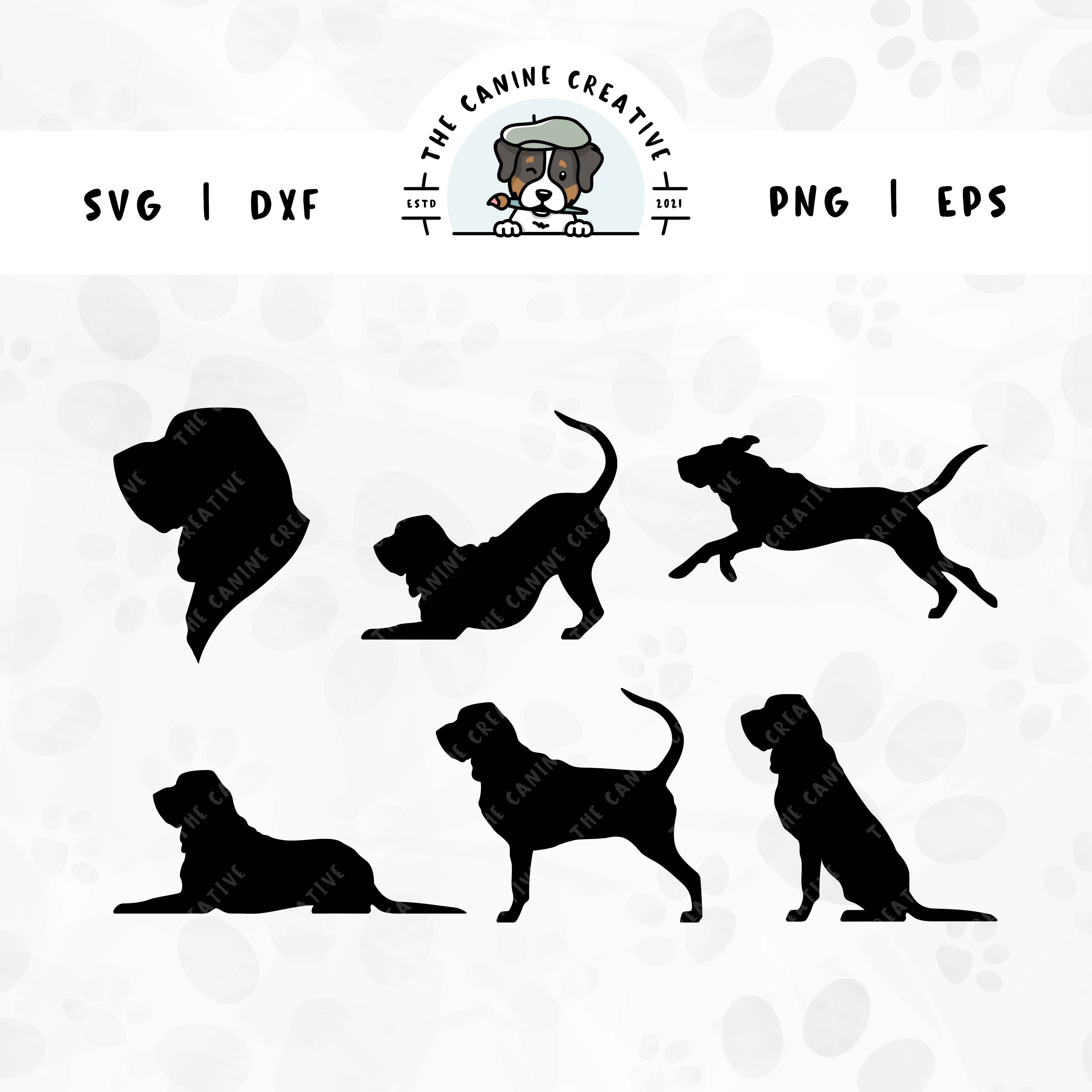 This 6-pack Bloodhound silhouette bundle (set 1) features a dog's head in profile, along with various poses including running, laying down, playing, standing, and sitting. File formats include: SVG, DXF, PNG, and EPS.