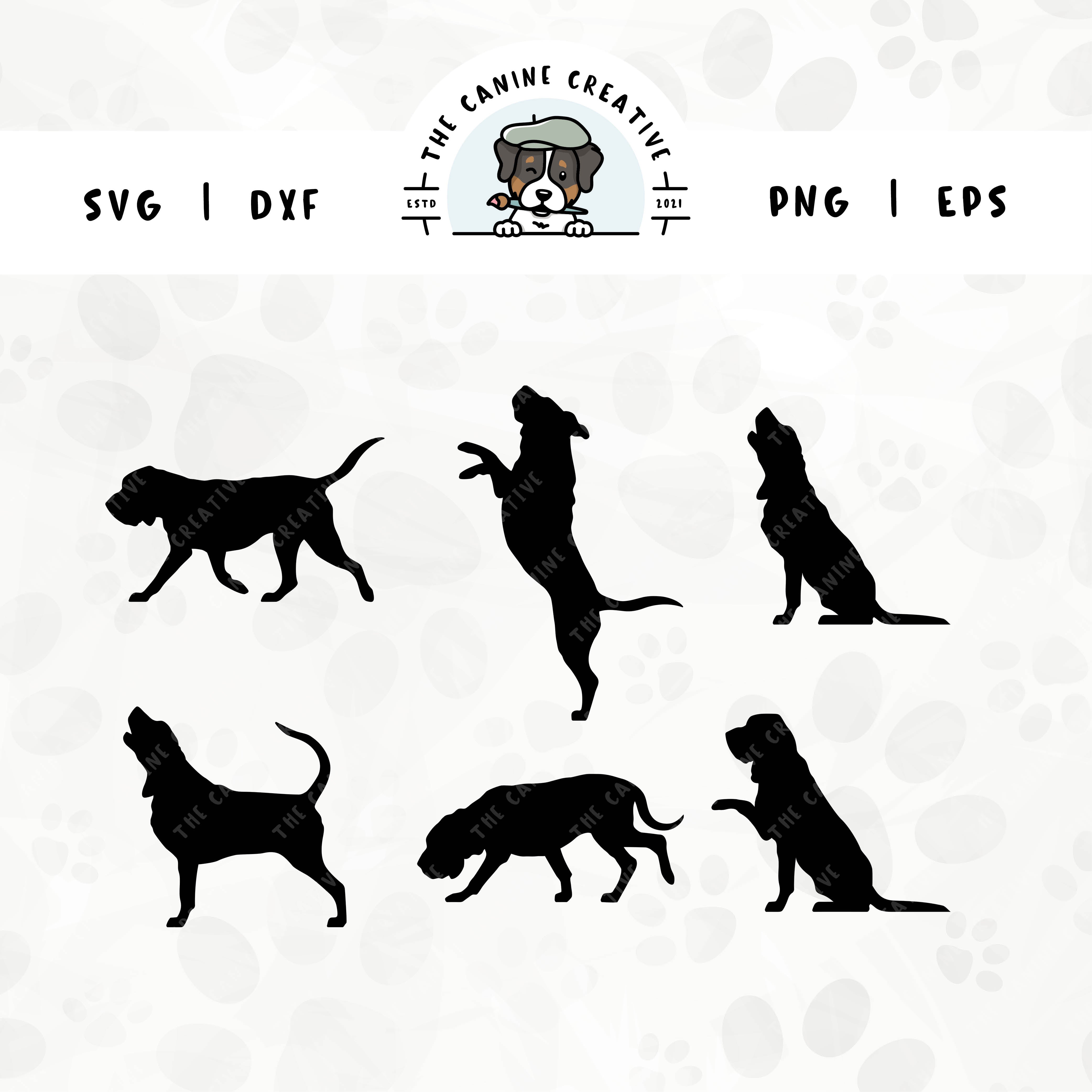 This 6-pack Bloodhound silhouette bundle (set 2) features various dog poses including walking, jumping up, howling, baying, sniffing, and shaking a paw. File formats include: SVG, DXF, PNG, and EPS.