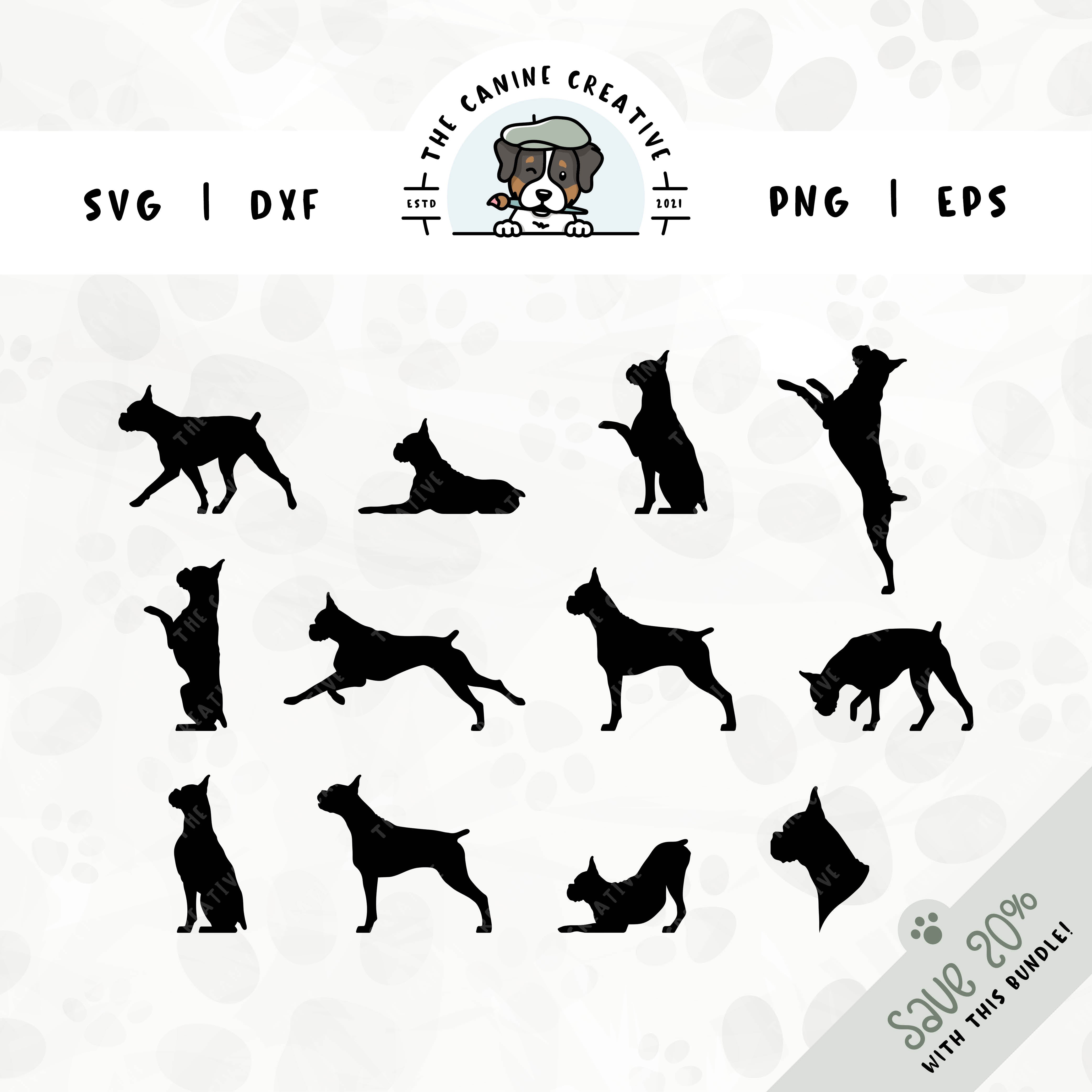 This 12-pack Boxer dog (floppy ears/long tail) silhouette bundle features a dog's head in profile, along with various poses including running, laying down, playing, standing, sitting, walking, jumping up, begging, barking, sniffing, and shaking a paw. File formats include: SVG, DXF, PNG, and EPS.