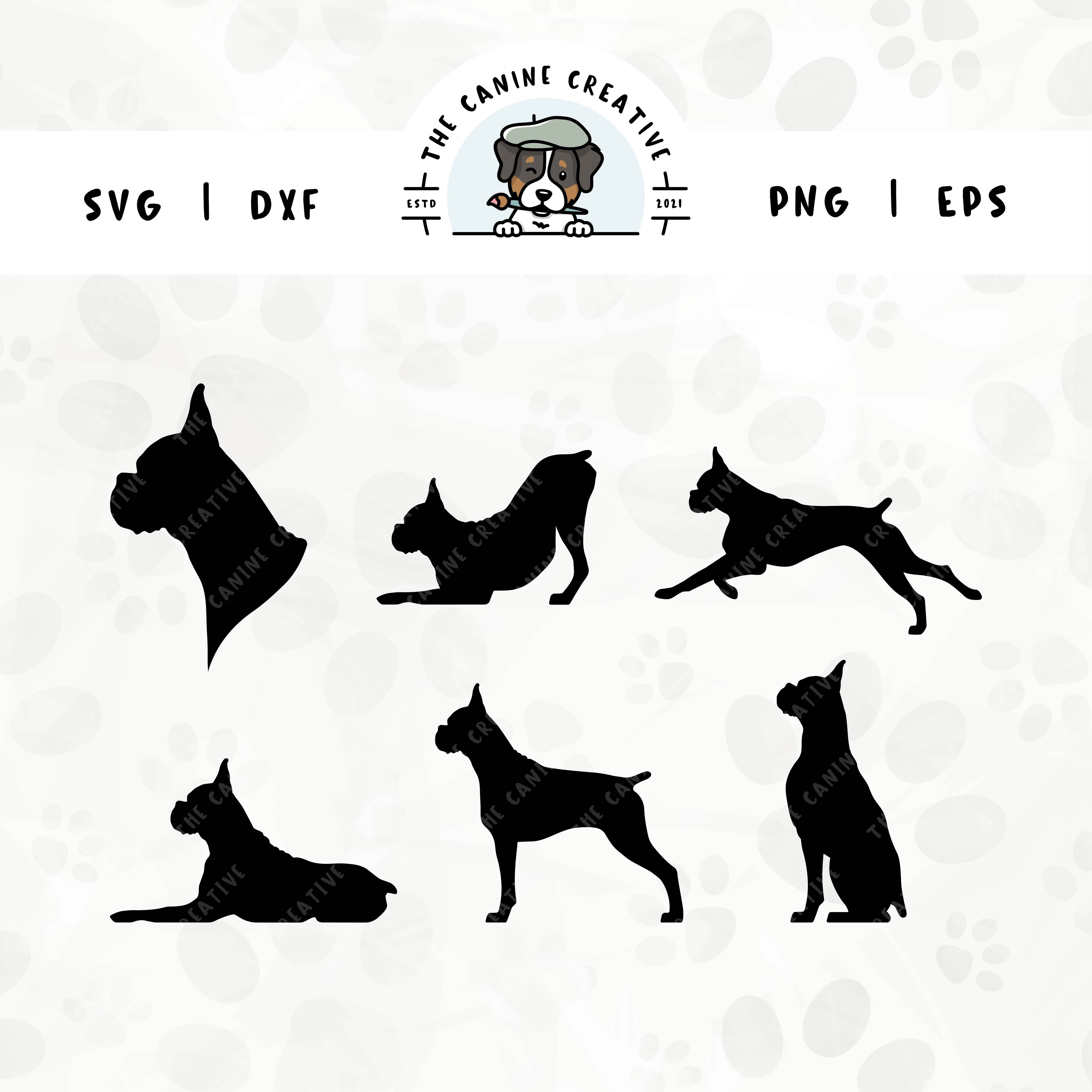 This 6-pack Boxer dog (cropped ears/docked tail edition) silhouette bundle (set 1) features a dog's head in profile, along with various poses including running, laying down, playing, standing, and sitting. File formats include: SVG, DXF, PNG, and EPS.