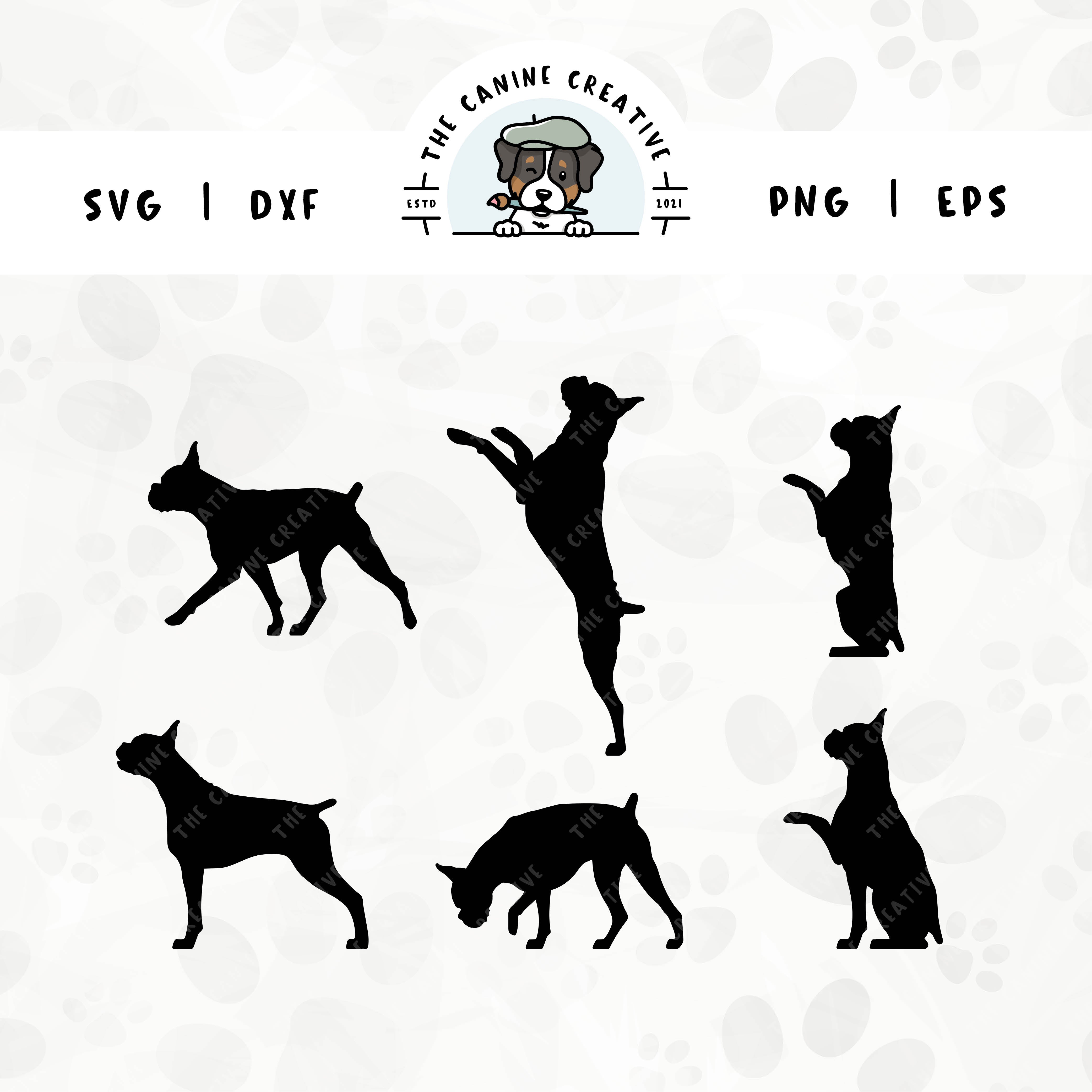 This 6-pack Boxer dog (cropped ears/docked tail edition) silhouette bundle (set 2) features various dog poses including walking, sniffing, jumping up, begging, barking, and shaking a paw. File formats include: SVG, DXF, PNG, and EPS.