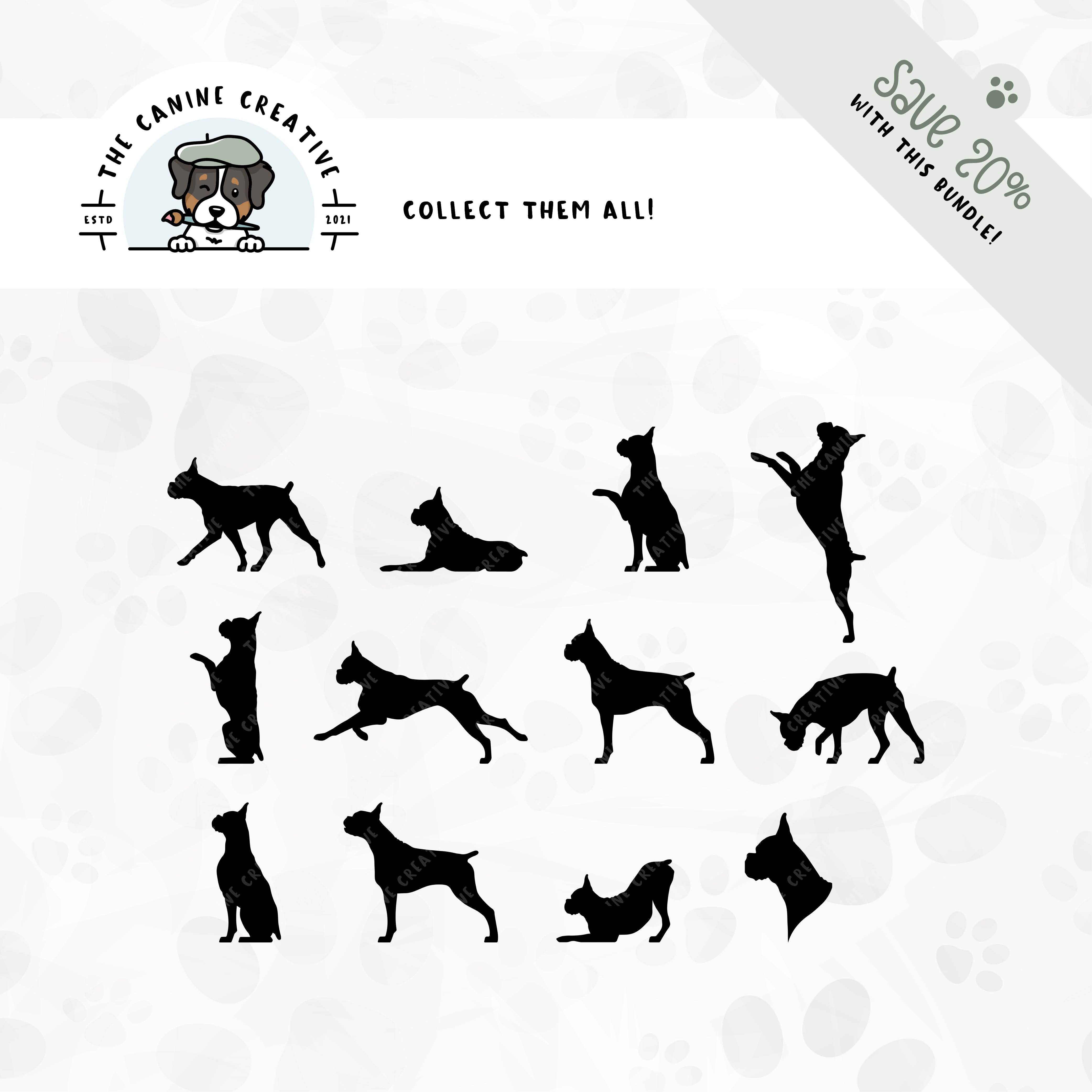 Save 20% with our related 12-pack Boxer dog (cropped ear/docked tail edition) silhouette bundle!