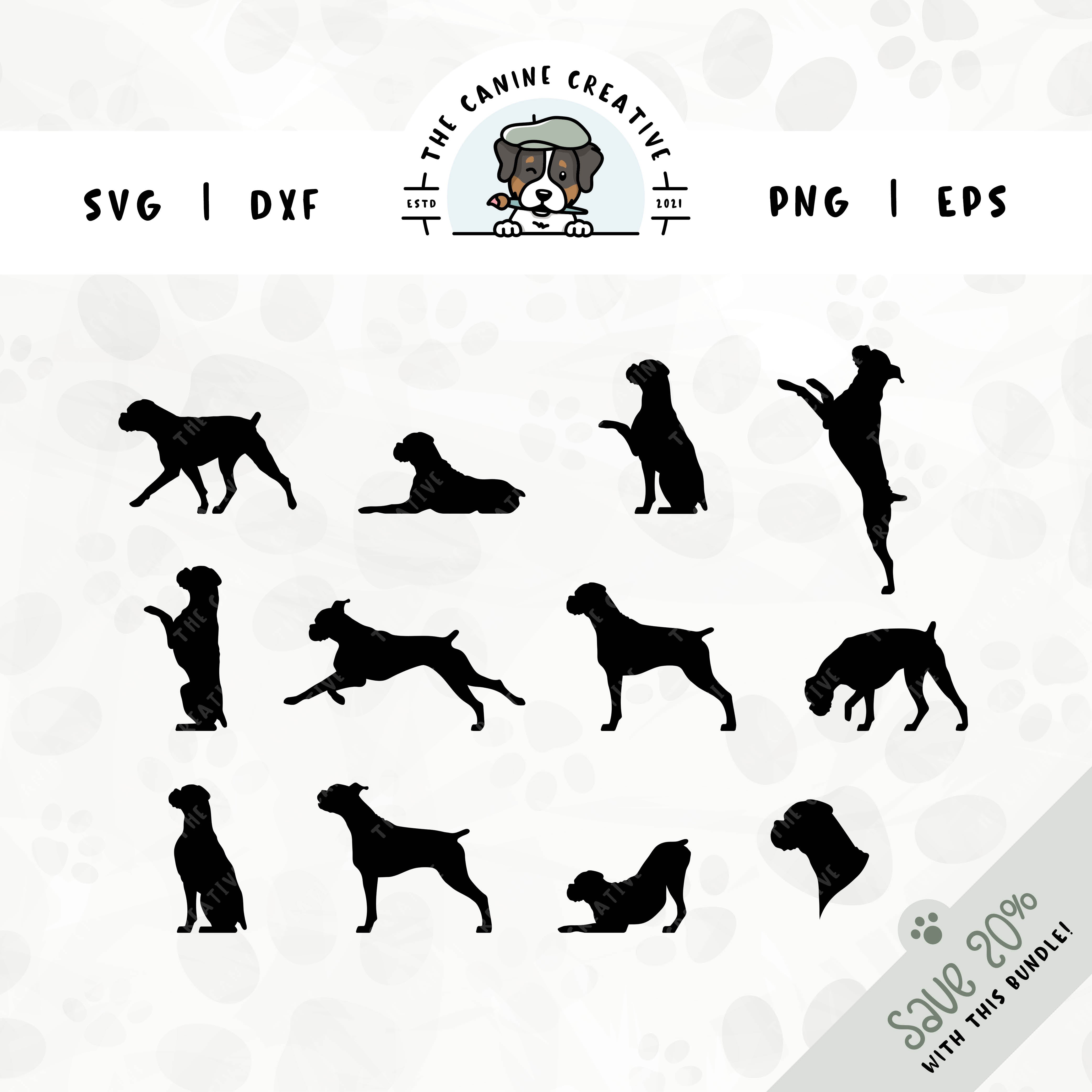 This 12-pack Boxer dog (floppy ears/docked tail) silhouette bundle features a dog's head in profile, along with various poses including running, laying down, playing, standing, sitting, walking, jumping up, begging, barking, sniffing, and shaking a paw. File formats include: SVG, DXF, PNG, and EPS.