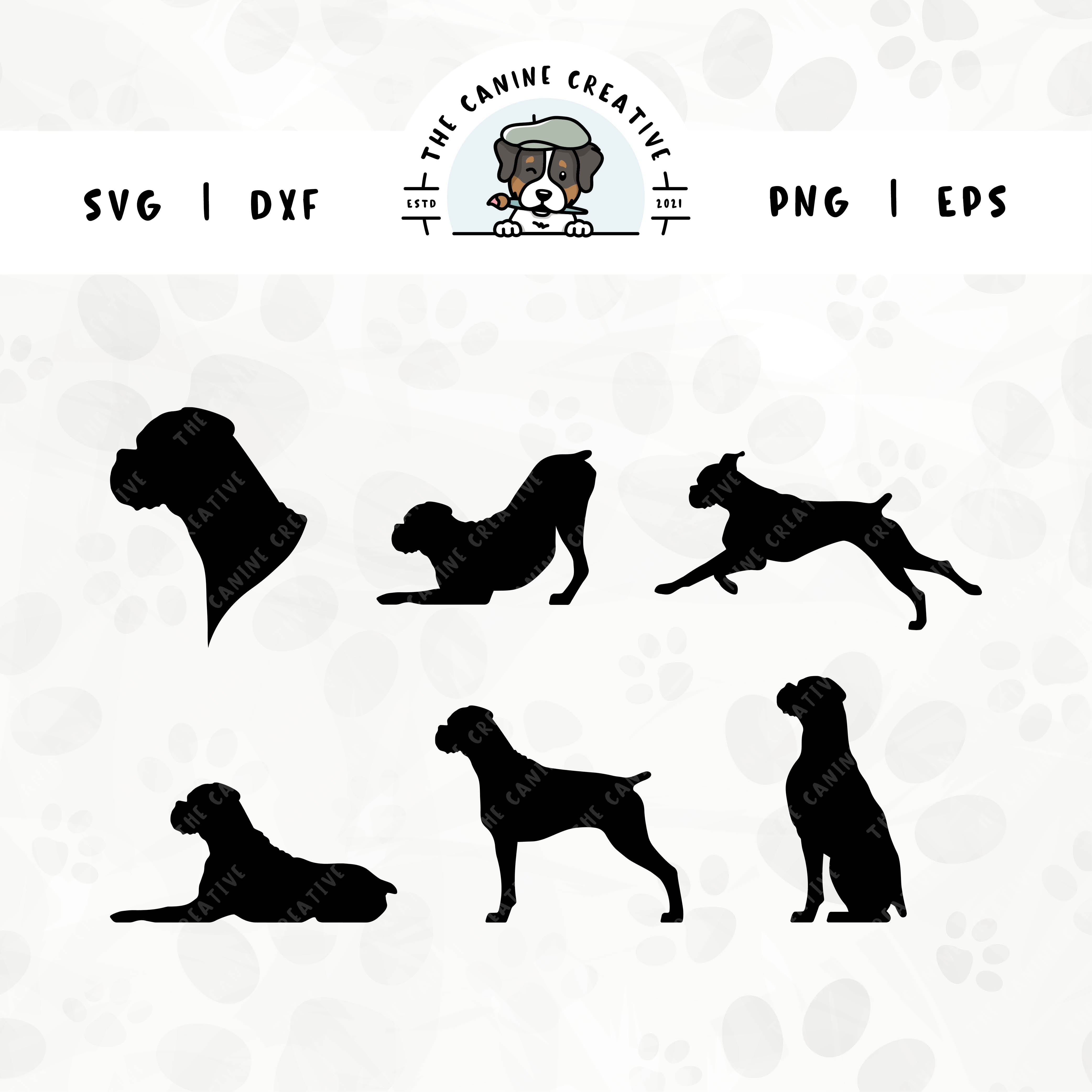 This 6-pack Boxer dog (floppy ears/docked tail edition) silhouette bundle (set 1) features a dog's head in profile, along with various poses including running, laying down, playing, standing, and sitting. File formats include: SVG, DXF, PNG, and EPS.