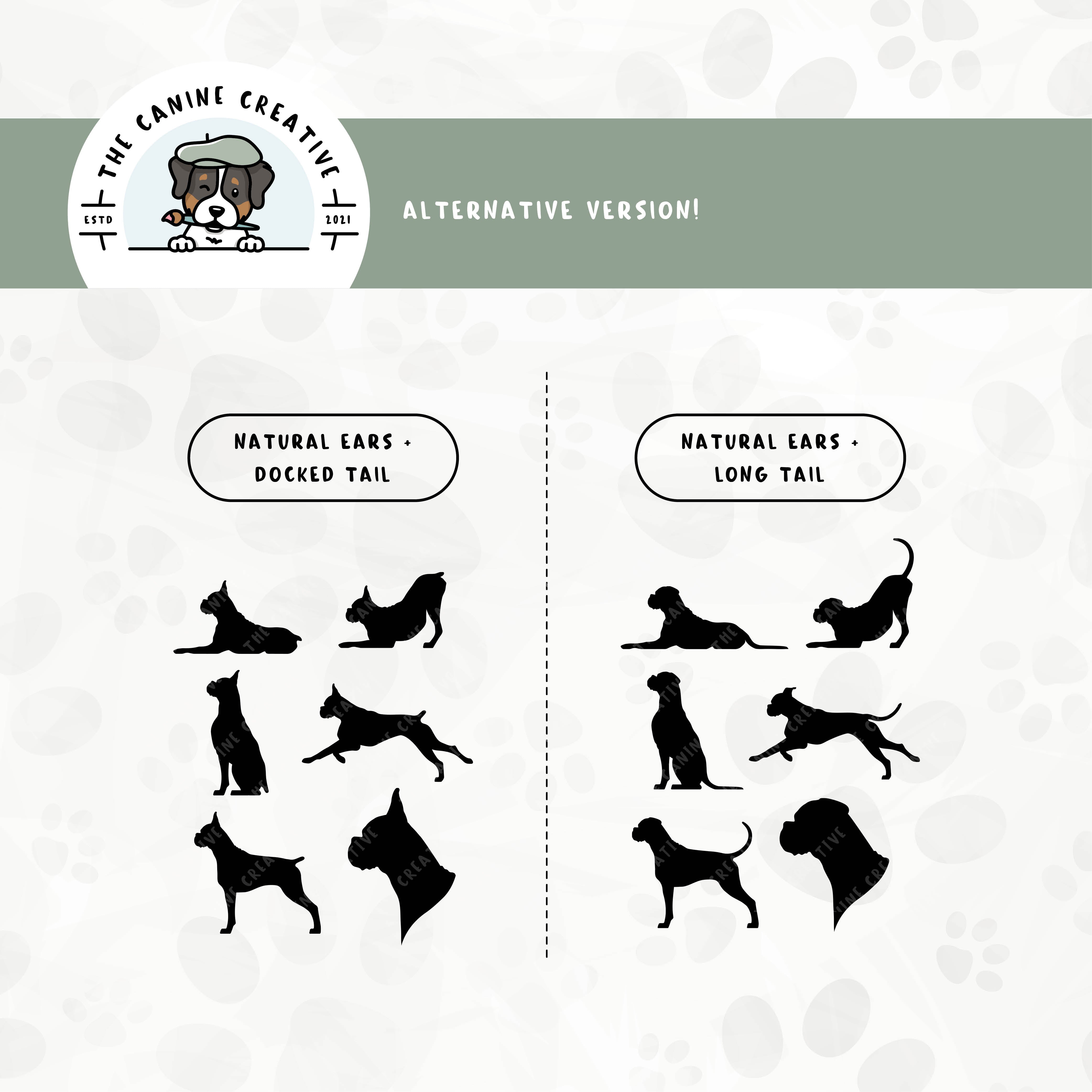 Alternative floppy ear/long tail or cropped ear/docked tail editions are also available for this Boxer dog design set.