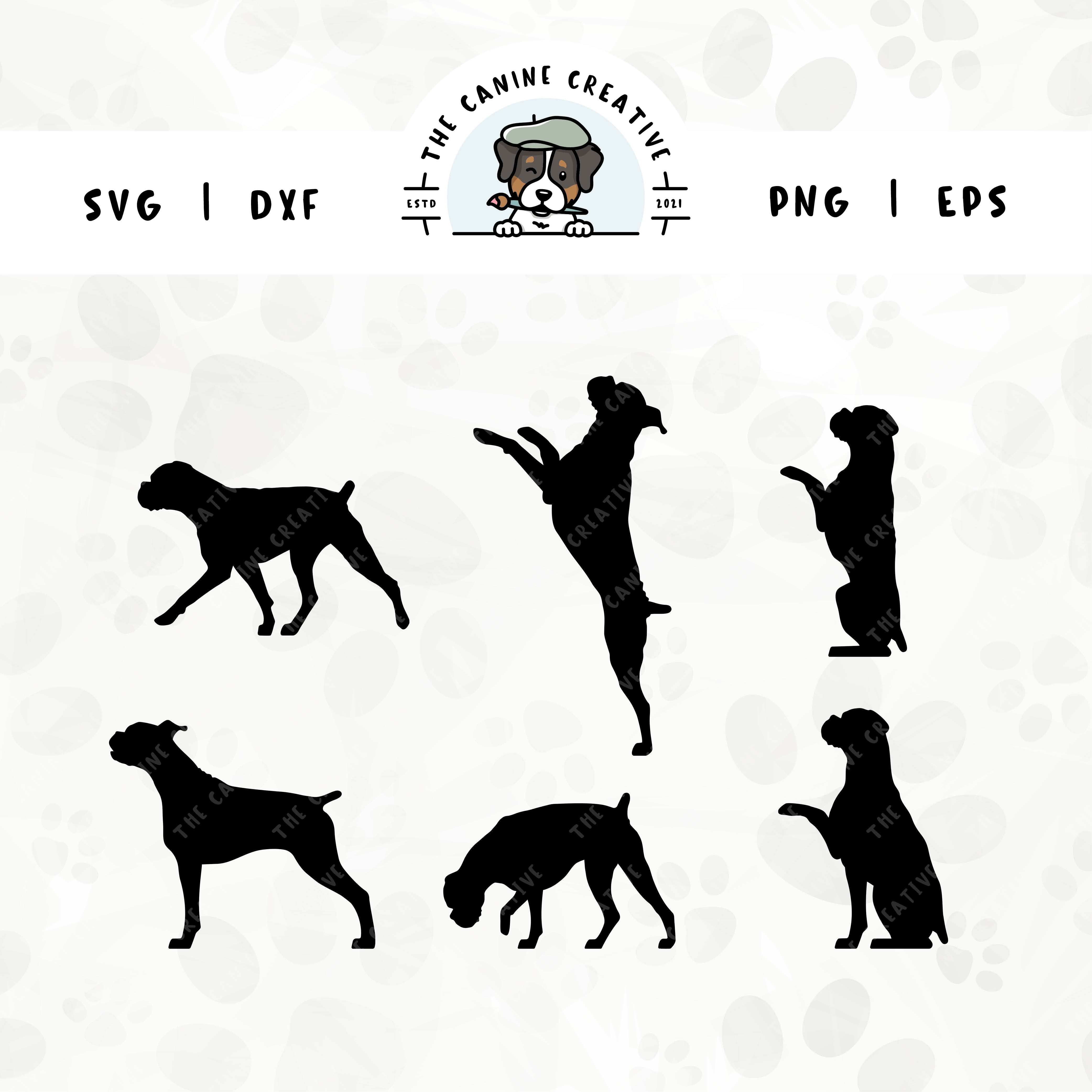 This 6-pack Boxer dog (floppy ears/docked tail edition) silhouette bundle (set 2) features various dog poses including walking, sniffing, jumping up, begging, barking, and shaking a paw. File formats include: SVG, DXF, PNG, and EPS.