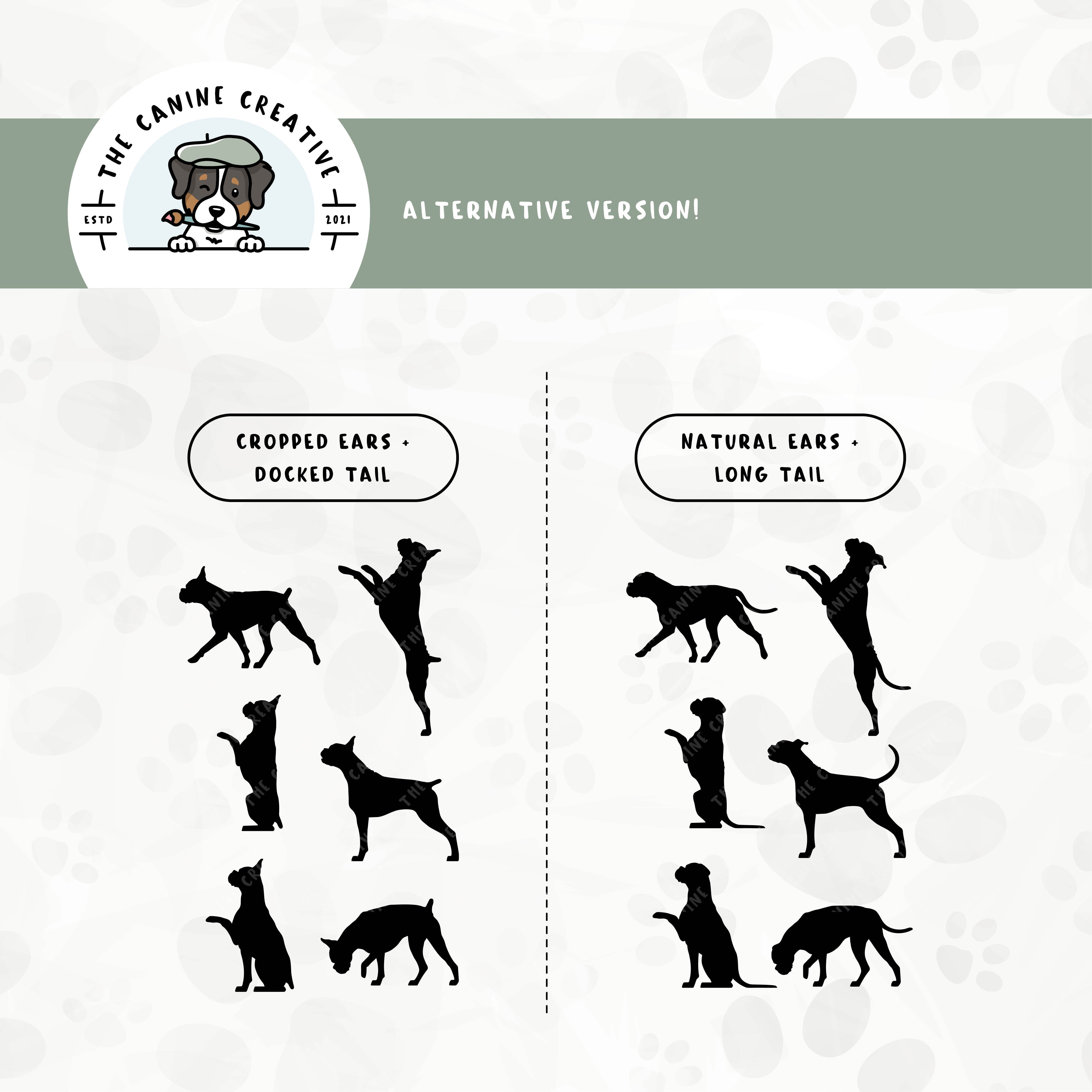 Alternative floppy ear/long tail or cropped ear/docked tail editions are also available for this Boxer dog design set.