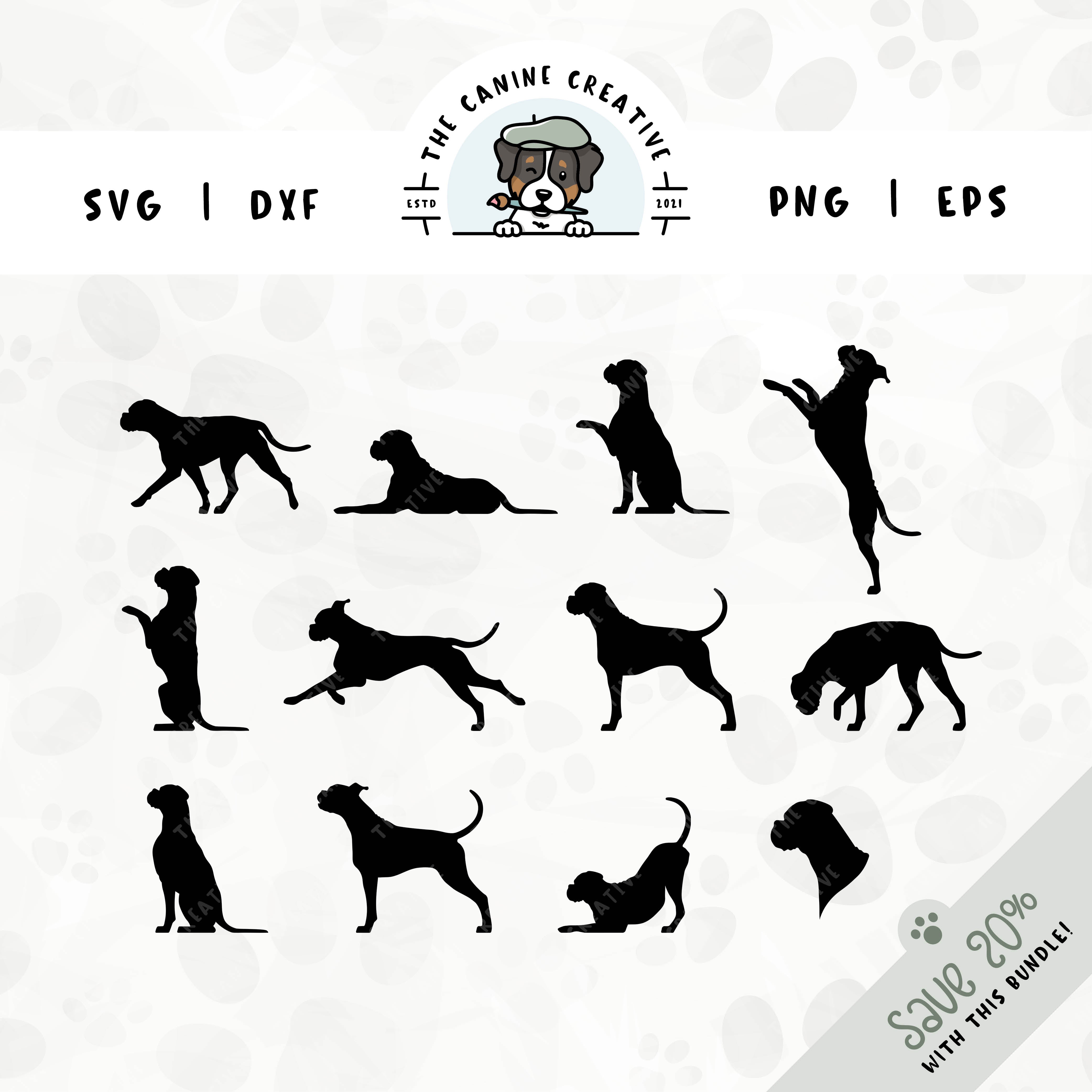 This 12-pack Boxer dog (floppy ears/long tail) silhouette bundle features a dog's head in profile, along with various poses including running, laying down, playing, standing, sitting, walking, jumping up, begging, barking, sniffing, and shaking a paw. File formats include: SVG, DXF, PNG, and EPS.