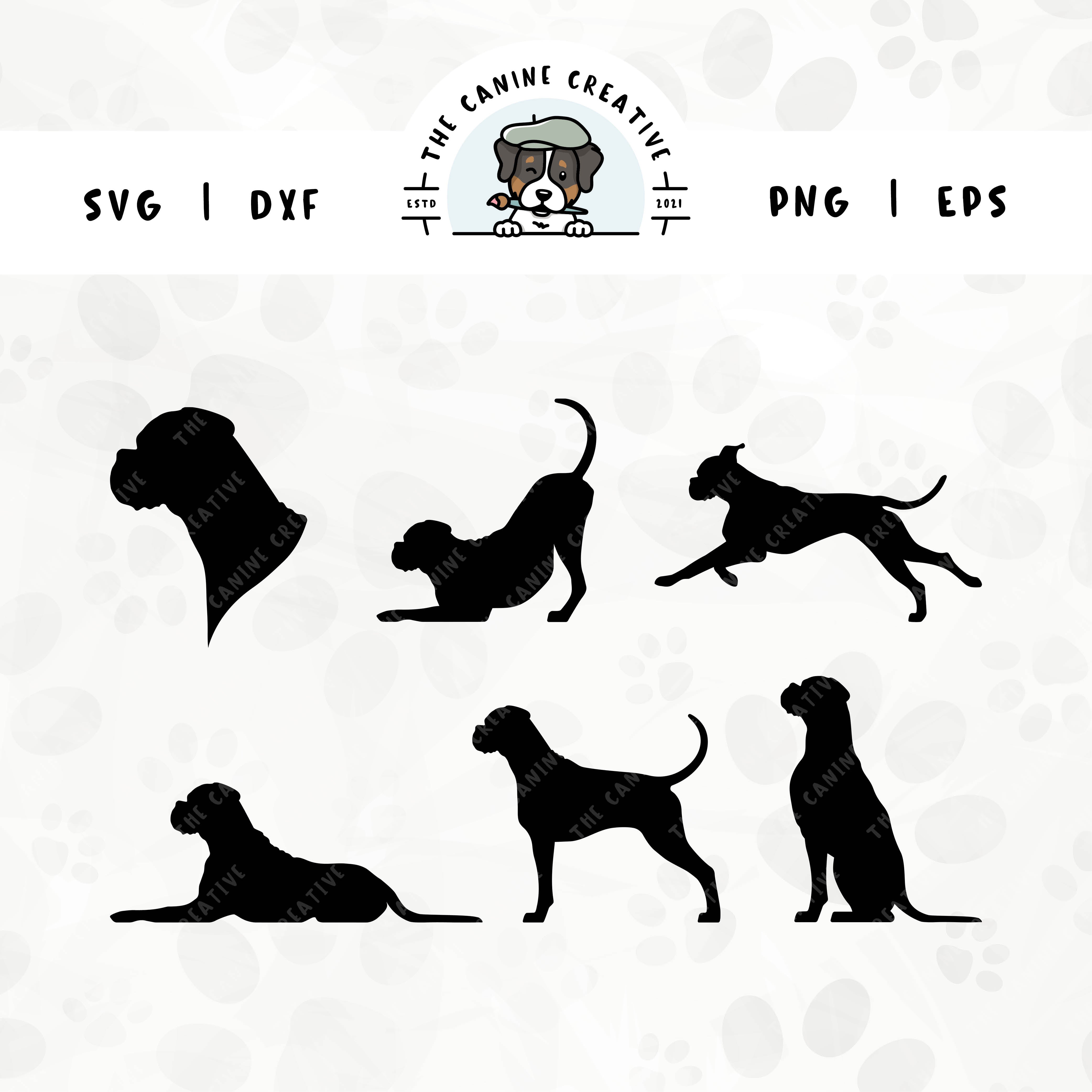 This 6-pack Boxer dog (floppy ears/long tail edition) silhouette bundle (set 1) features a dog's head in profile, along with various poses including running, laying down, playing, standing, and sitting. File formats include: SVG, DXF, PNG, and EPS.