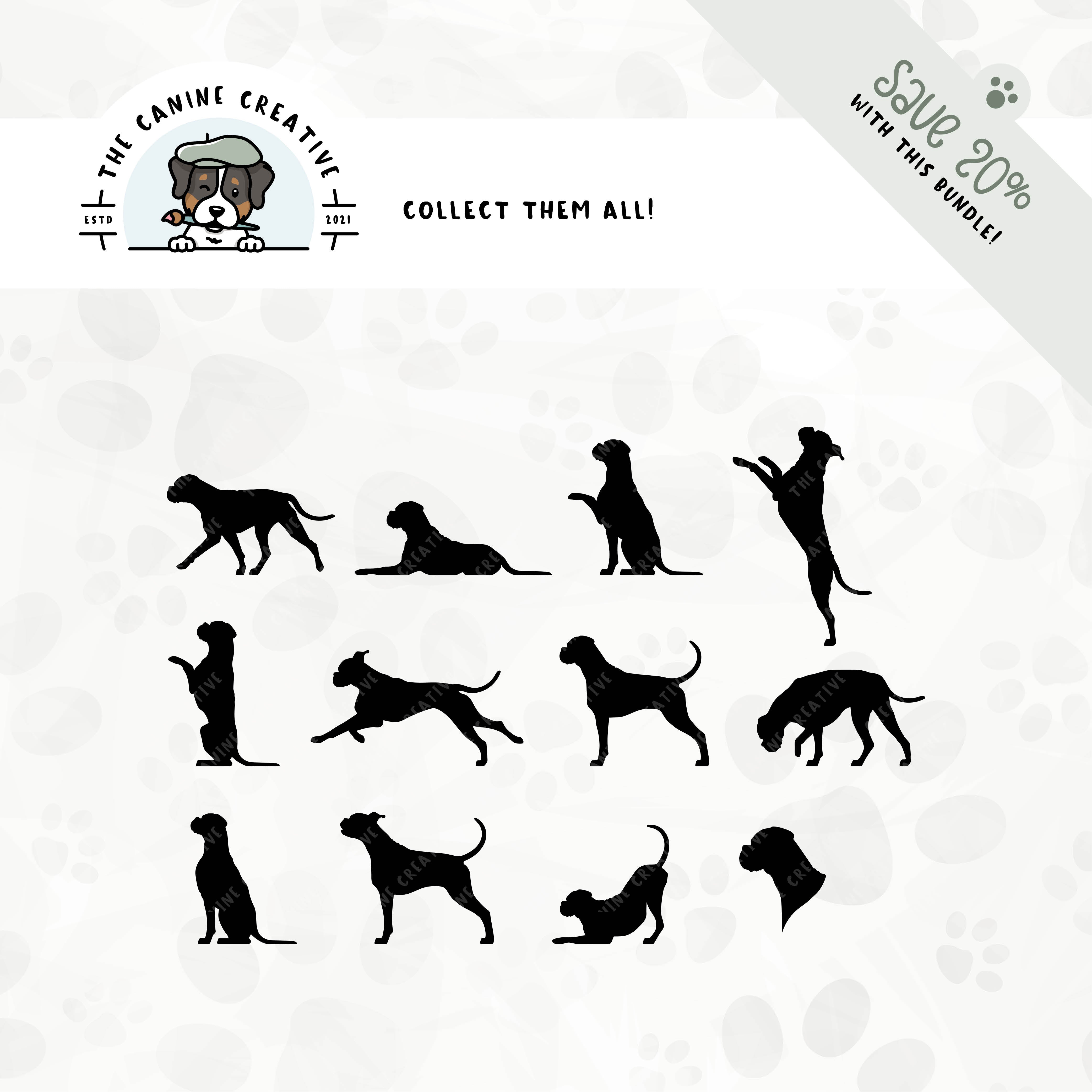 Save 20% with our related 12-pack Boxer dog (floppy ear/long tail edition) silhouette bundle!