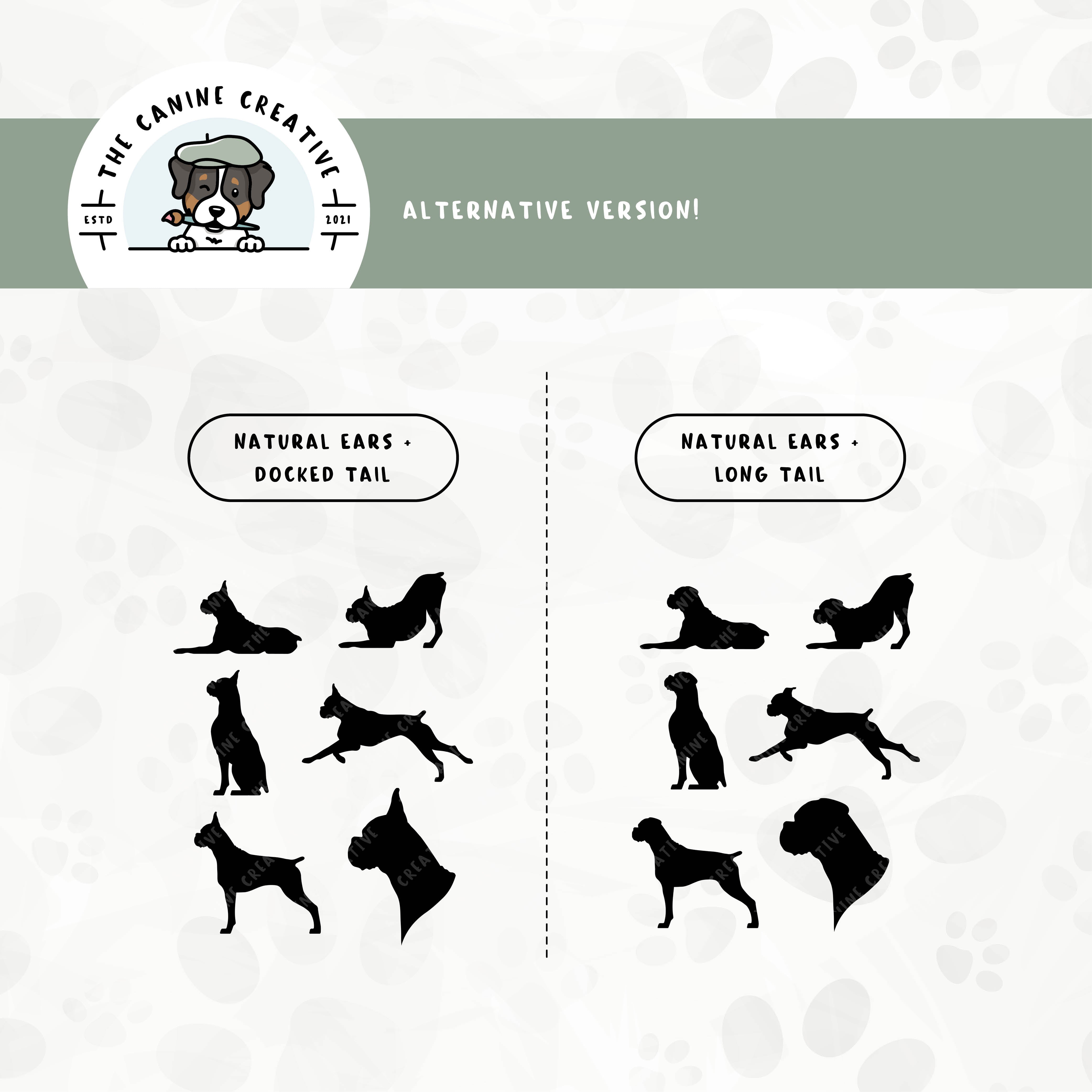 Alternative floppy ear/docked tail or cropped ear/docked tail editions are also available for this Boxer dog design set.