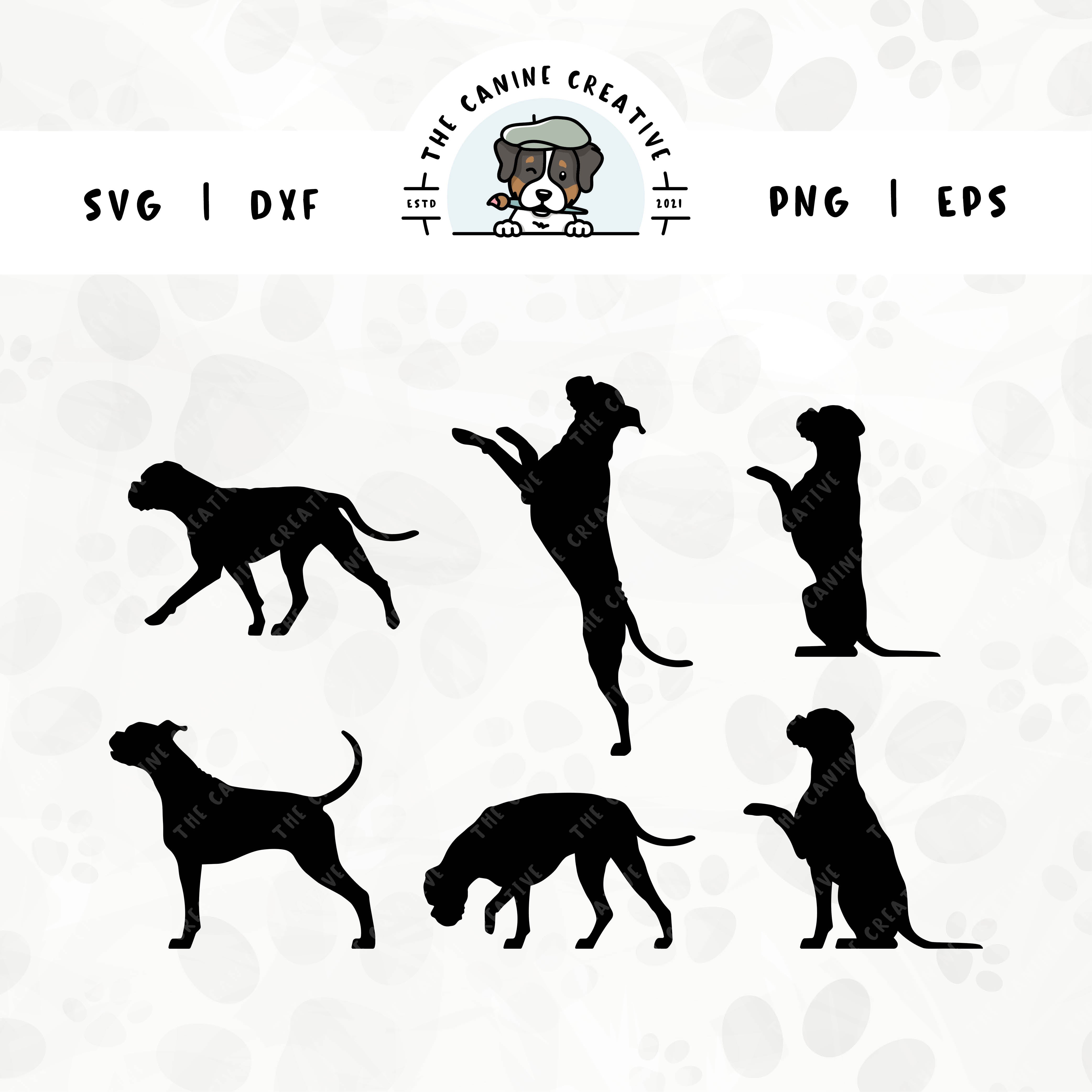 This 6-pack Boxer dog (floppy ears/long tail edition) silhouette bundle (set 2) features various dog poses including walking, sniffing, jumping up, begging, barking, and shaking a paw. File formats include: SVG, DXF, PNG, and EPS.