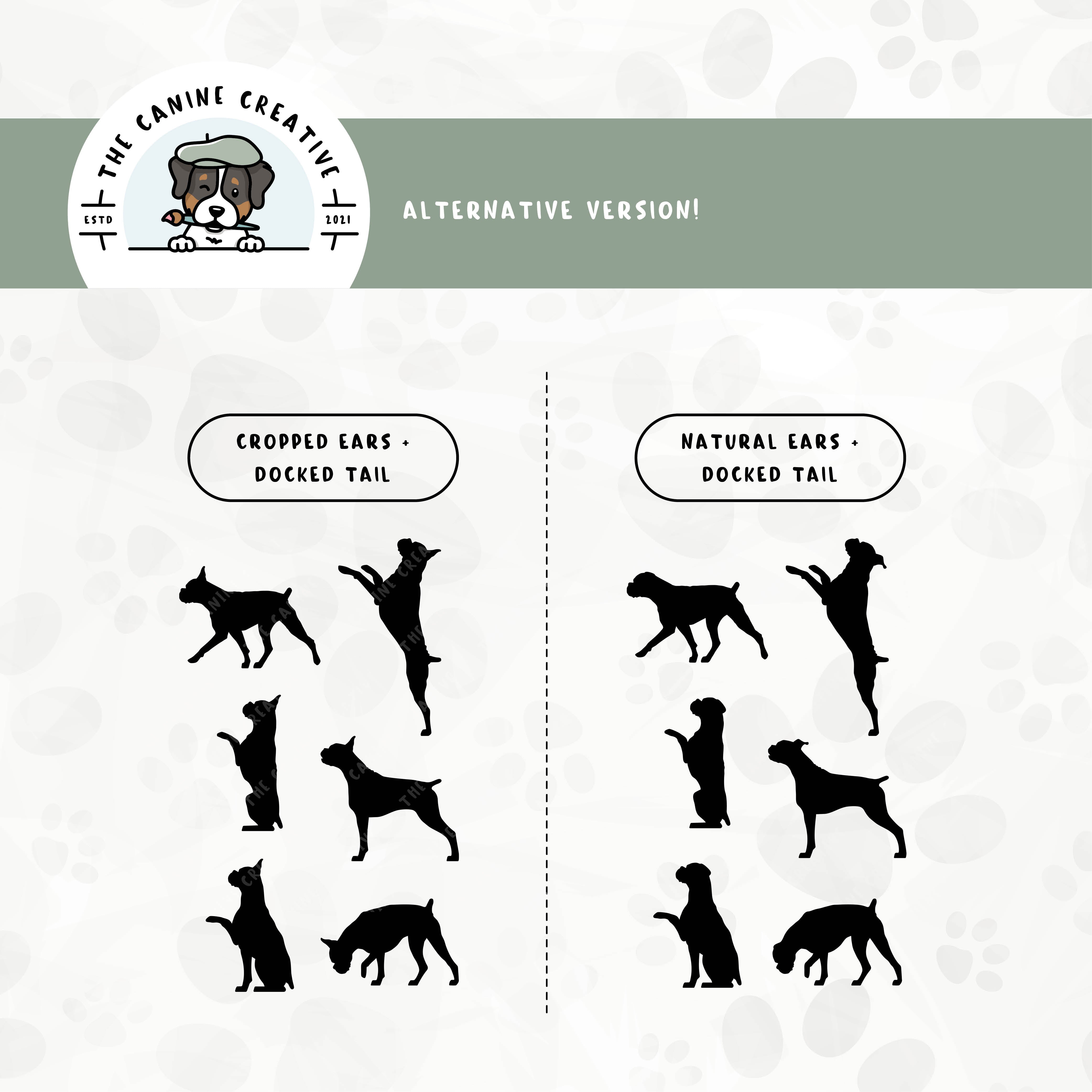 Alternative floppy ear/docked tail or cropped ear/docked tail editions are also available for this Boxer dog design set.