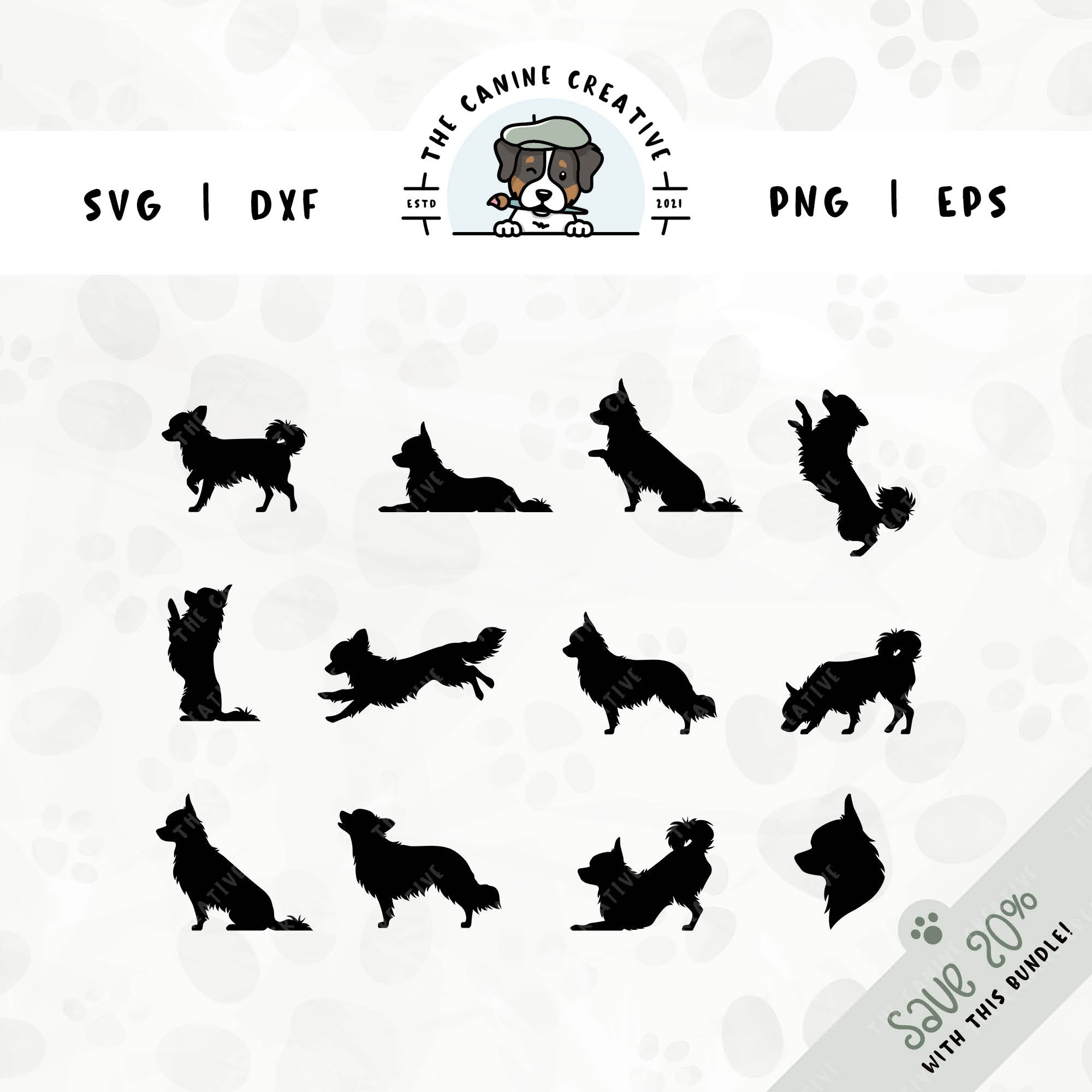 This 12-pack Long Haired Chihuahua silhouette bundle features a dog's head in profile, along with various poses including running, laying down, playing, standing, sitting, walking, jumping up, begging, barking, sniffing, and shaking a paw. File formats include: SVG, DXF, PNG, and EPS.