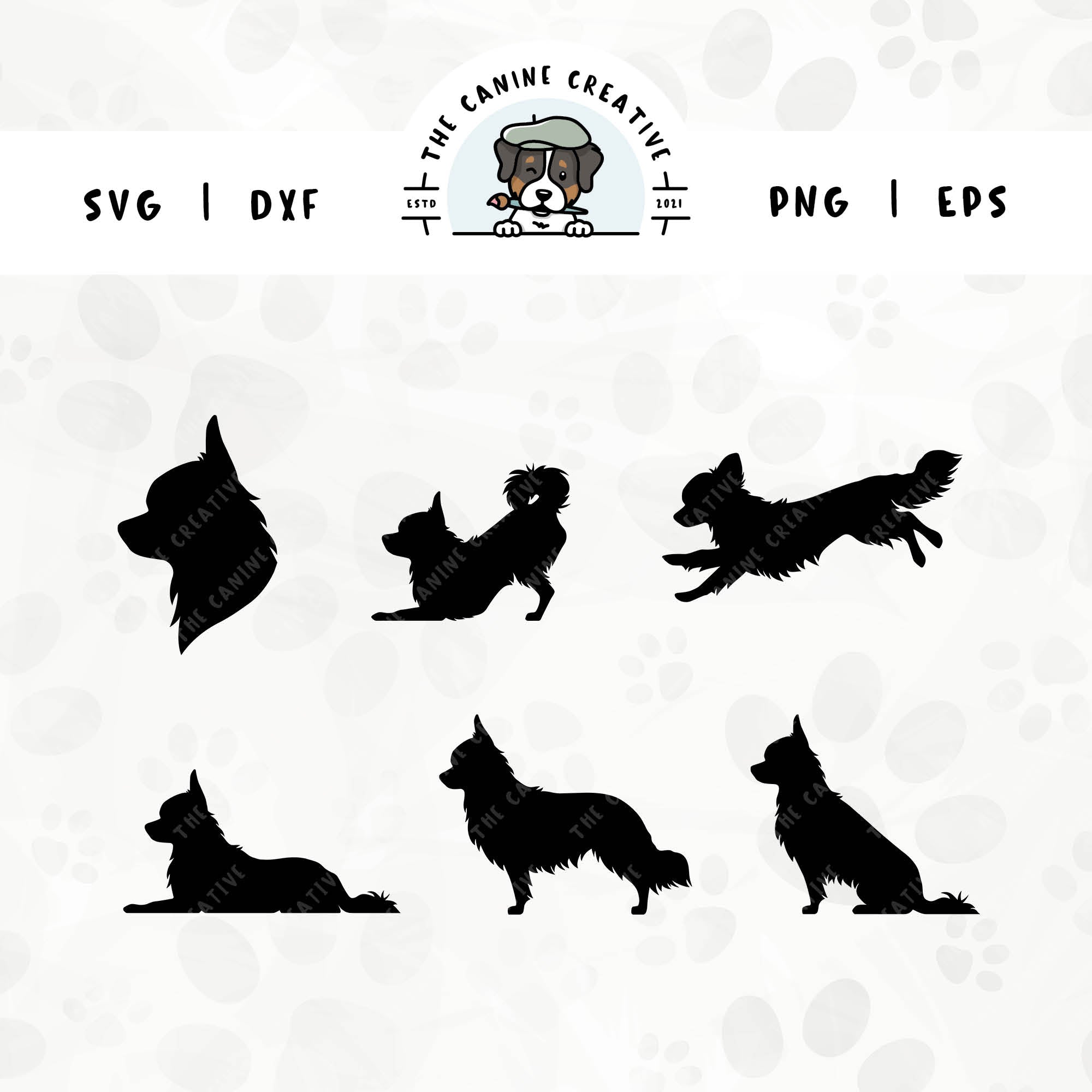 This 6-pack Long-Haired Chihuahua silhouette bundle (set 1) features a dog's head in profile, along with various poses including running, laying down, playing, standing, and sitting. File formats include: SVG, DXF, PNG, and EPS.