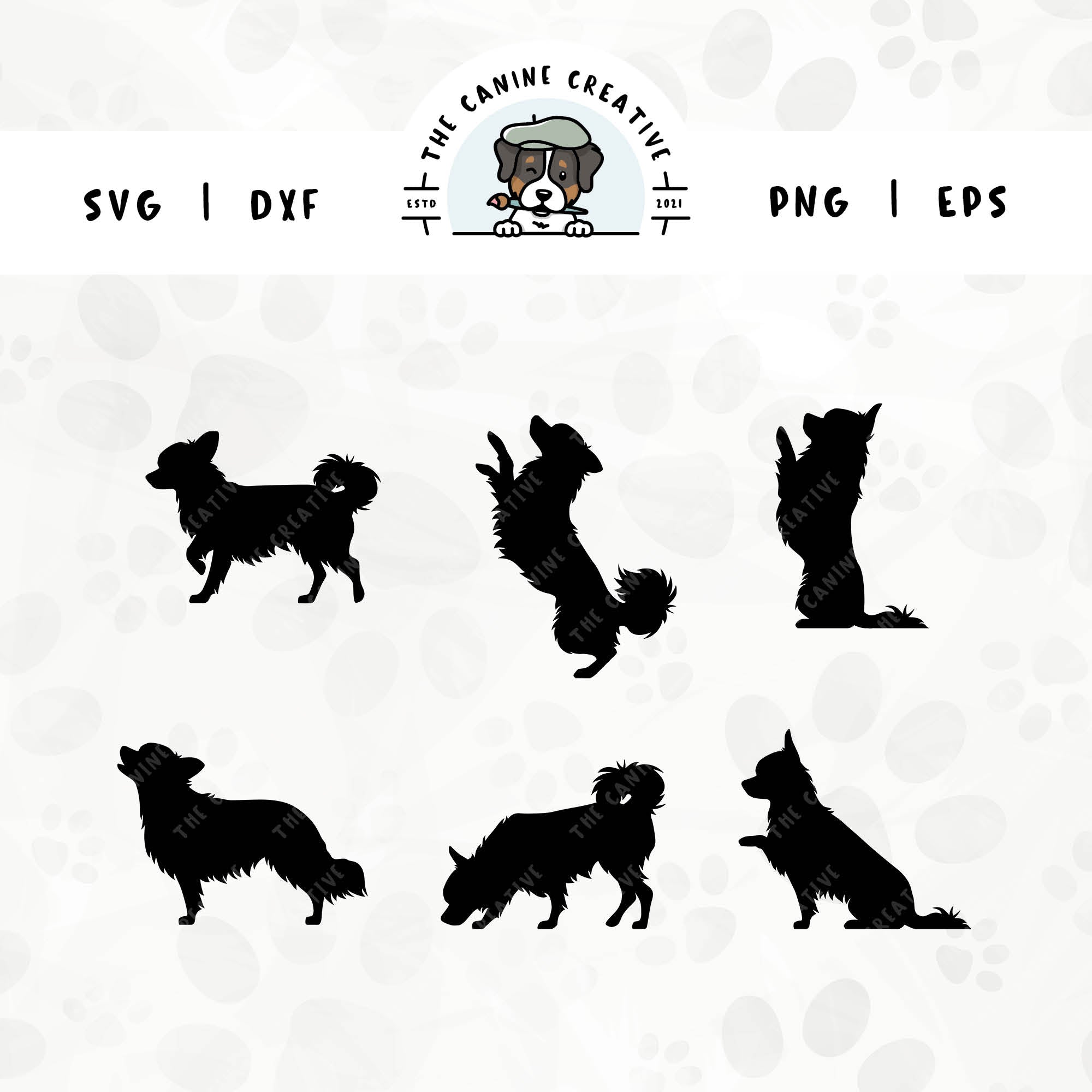 This 6-pack Long Haired Chihuahua silhouette bundle (set 2) features various dog poses including walking, jumping up, begging, barking, sniffing, and shaking a paw. File formats include: SVG, DXF, PNG, and EPS.