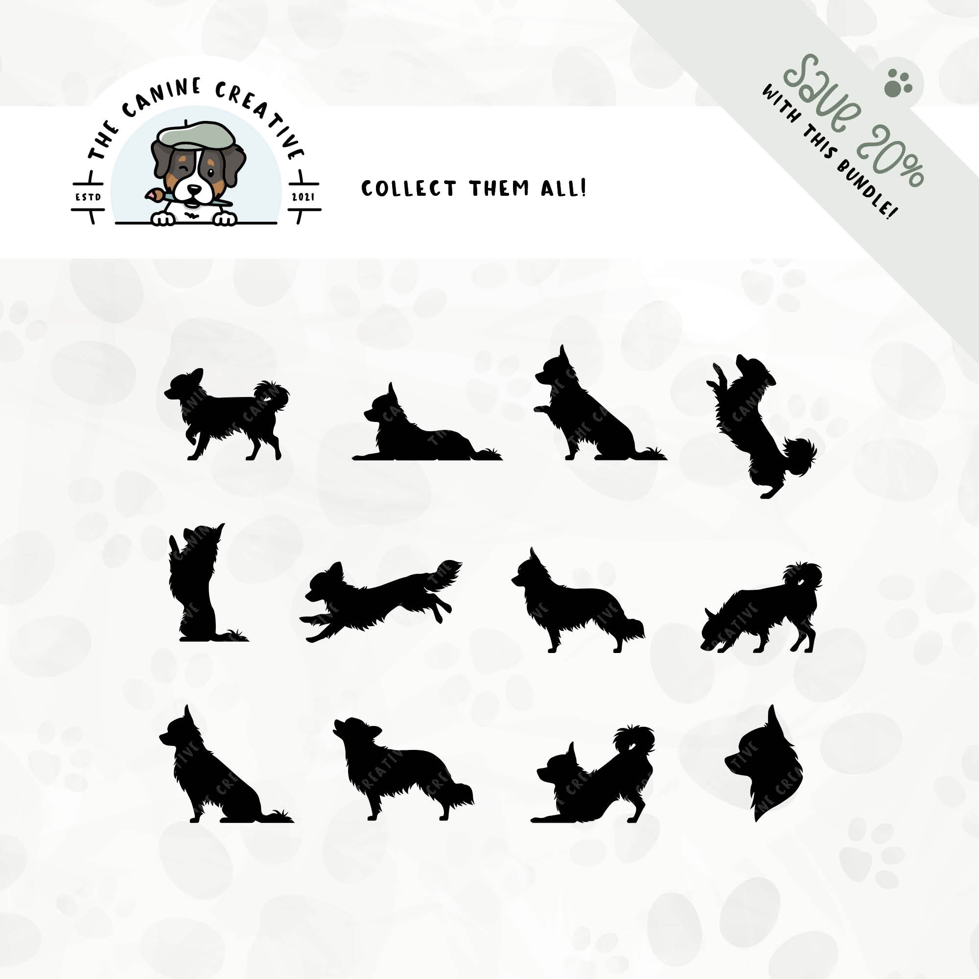 Save 20% with our related 12-pack Long Haired Chihuahua silhouette bundle.