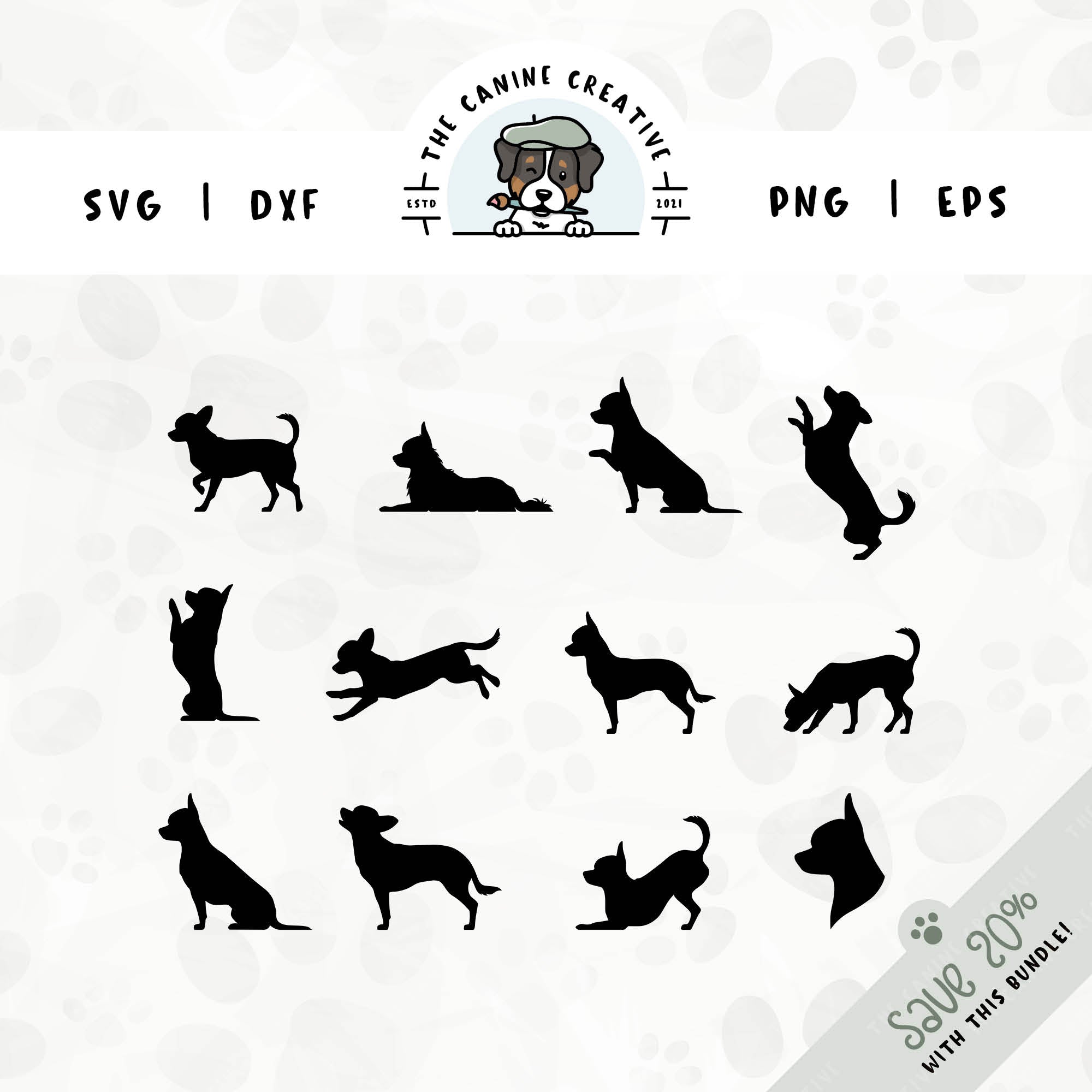 This 12-pack Smooth Coat Chihuahua silhouette bundle features a dog's head in profile, along with various poses including running, laying down, playing, standing, sitting, walking, jumping up, begging, barking, sniffing, and shaking a paw. File formats include: SVG, DXF, PNG, and EPS.