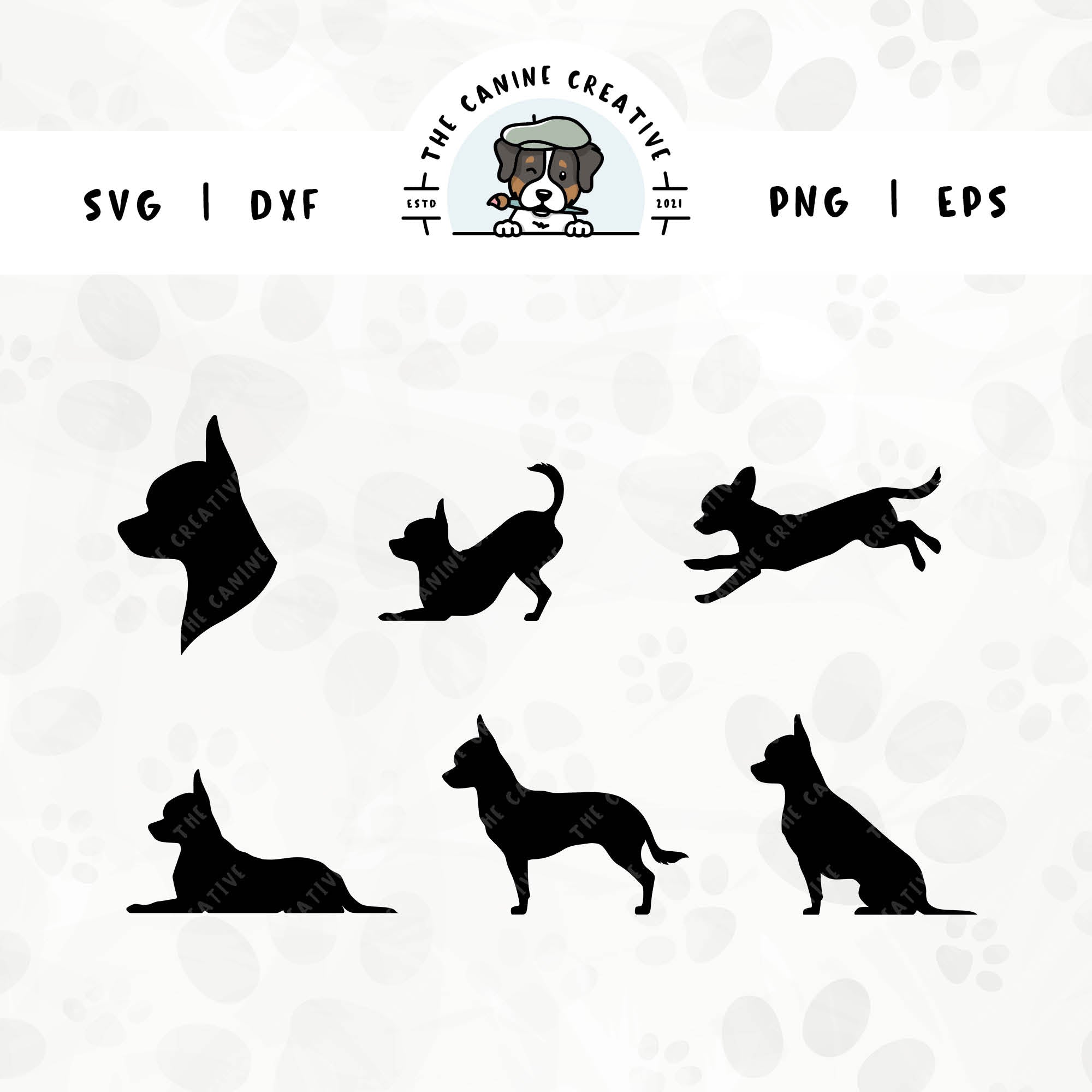 This 6-pack Smooth Coat Chihuahua silhouette bundle (set 1) features a dog's head in profile, along with various poses including running, laying down, playing, standing, and sitting. File formats include: SVG, DXF, PNG, and EPS.
