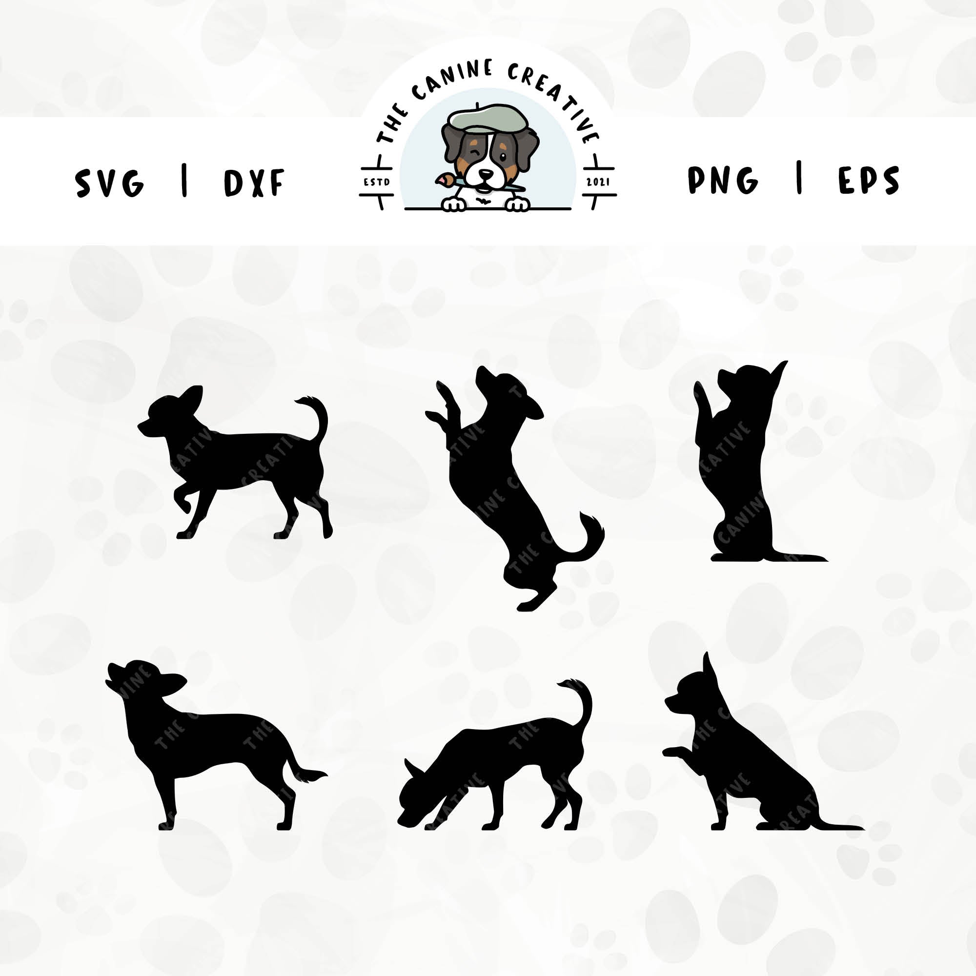 This 6-pack Smooth Coat Chihuahua silhouette bundle (set 2) features various dog poses including walking, jumping up, begging, barking, sniffing, and shaking a paw. File formats include: SVG, DXF, PNG, and EPS.
