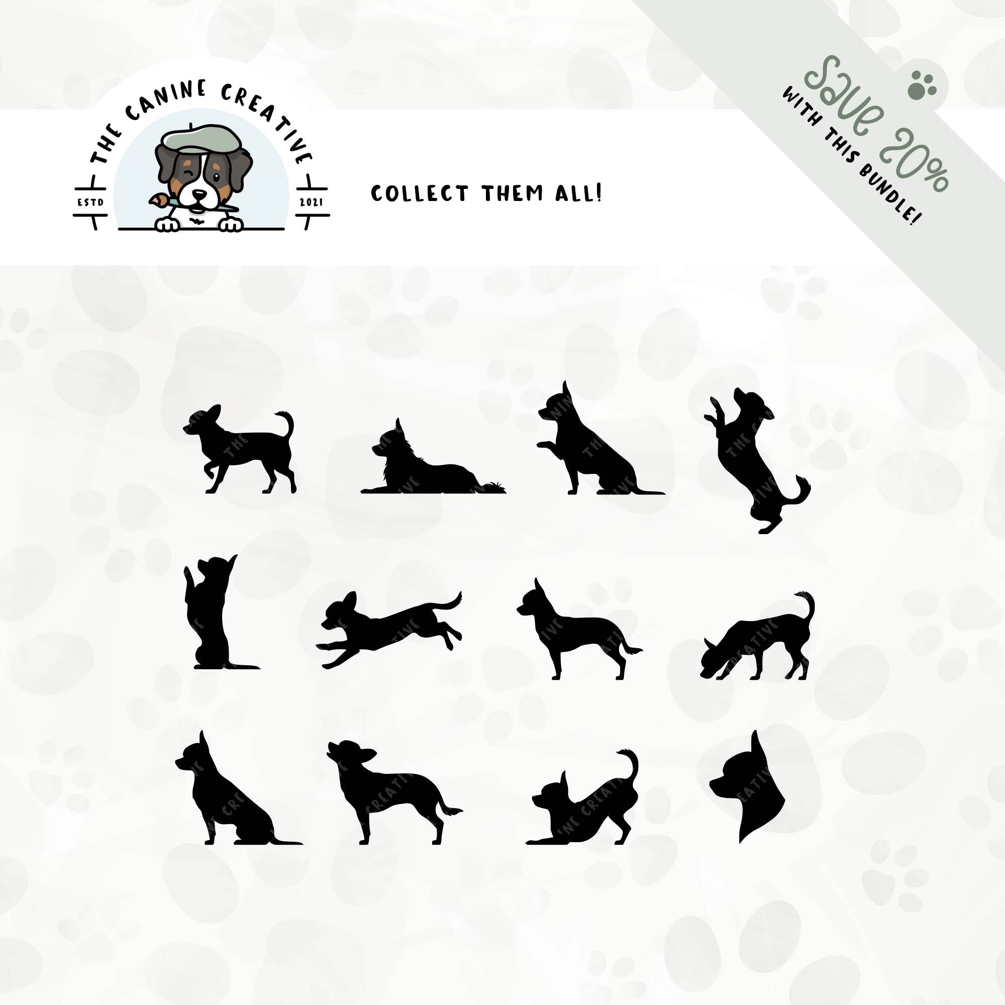 Save 20% with our related 12-pack Smooth Coat Chihuahua silhouette bundle.
