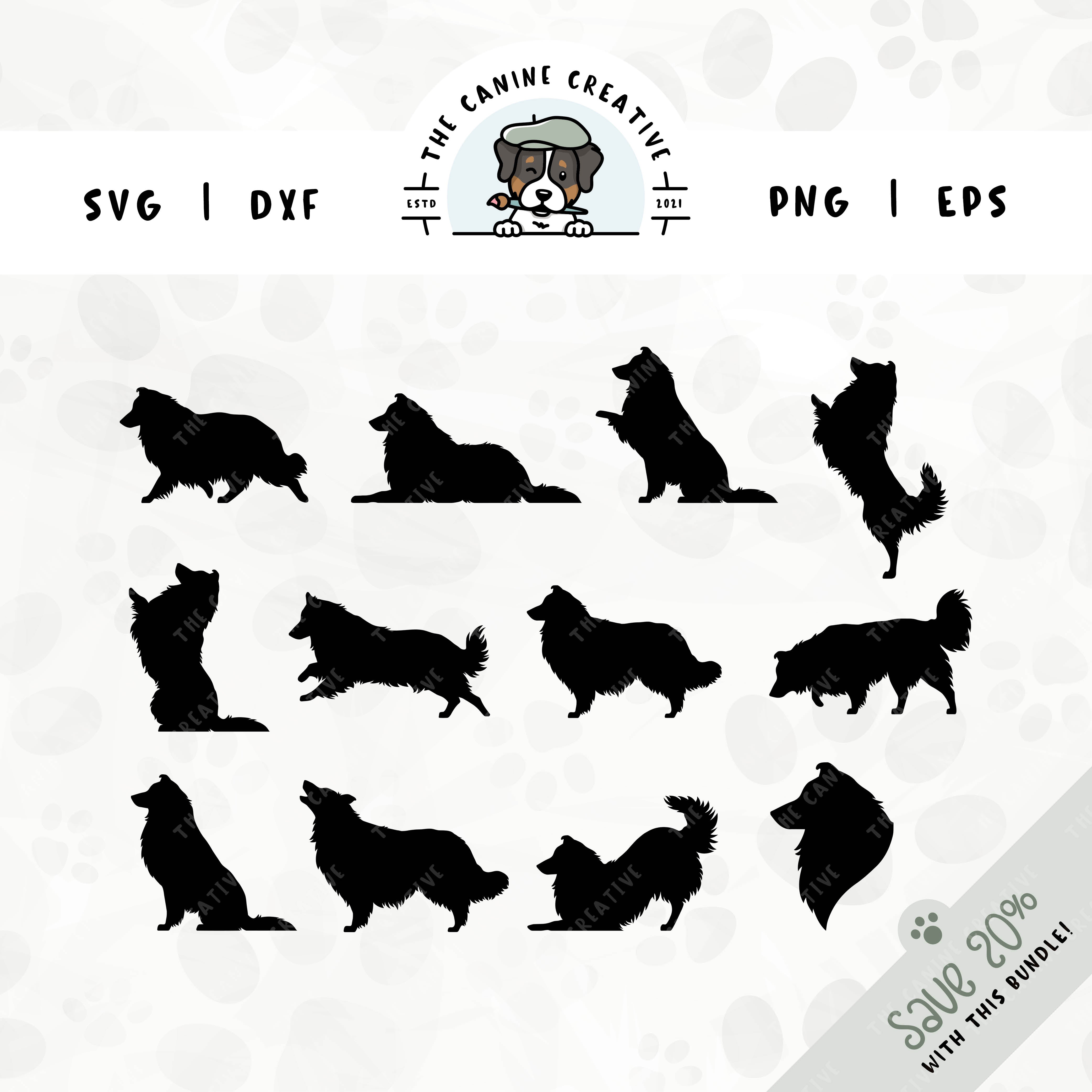 This 12-pack Rough Collie/Shetland Sheepdog silhouette bundle features a dog's head in profile, along with various poses including running, laying down, playing, standing, sitting, walking, jumping up, begging, barking, sniffing and shaking paw. File formats include: SVG, DXF, PNG, and EPS.