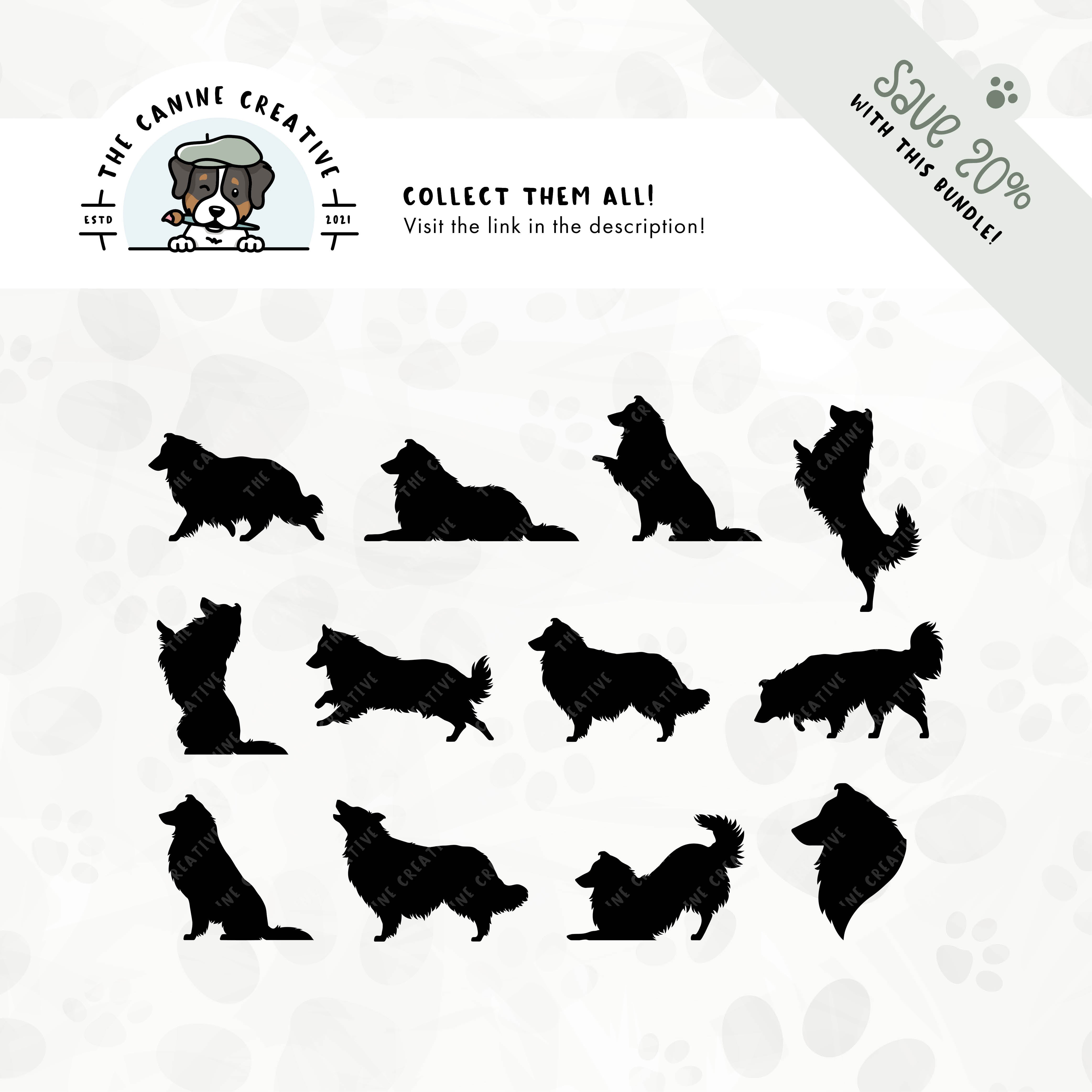 Save 20% with our related 12-pack Rough Collie/Shetland Sheepdog silhouette bundle.