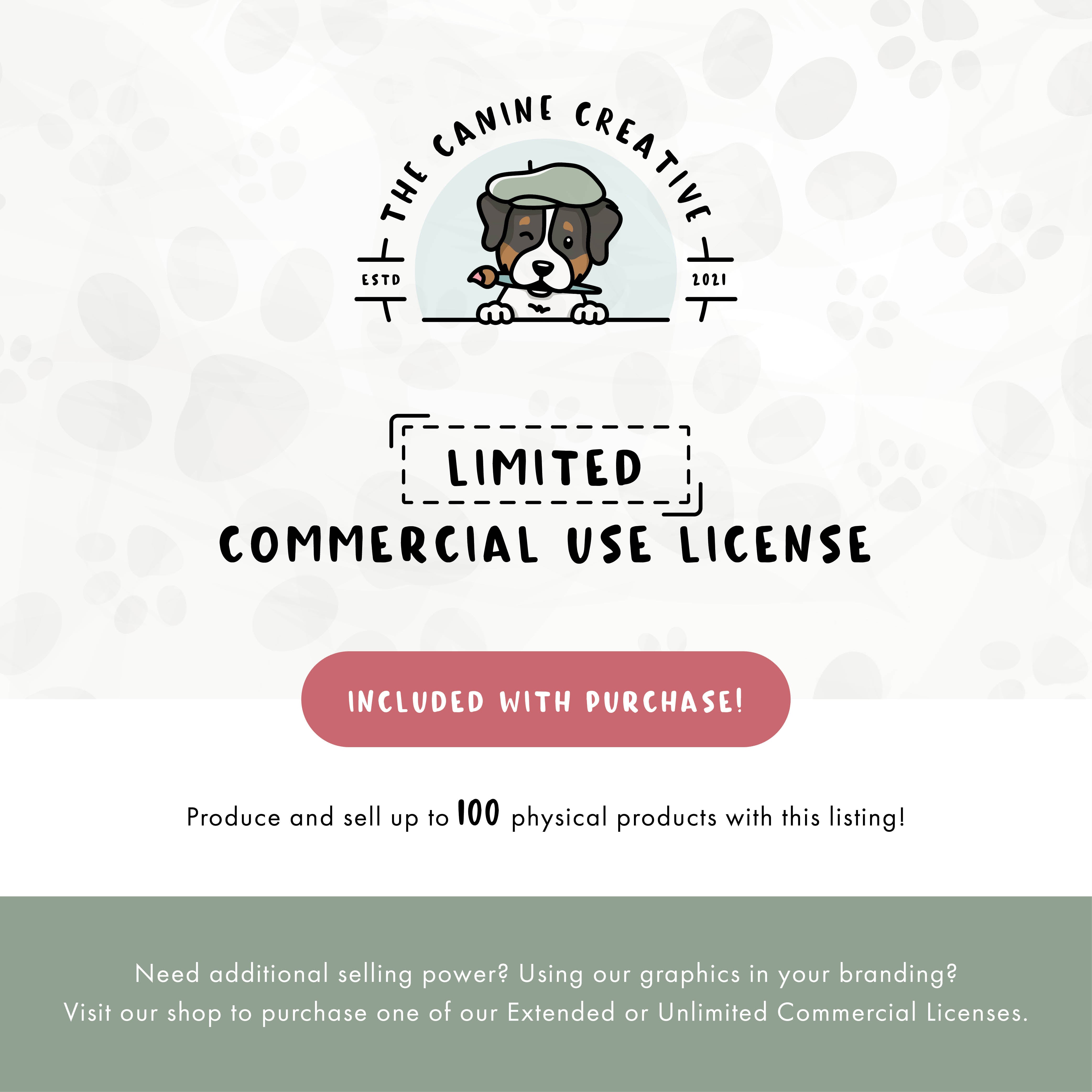 Limited Commercial Use License included with purchase. Produce and sell up to 100 physical products with this listing. Visit our shop for extended or unlimited use commercial licenses.