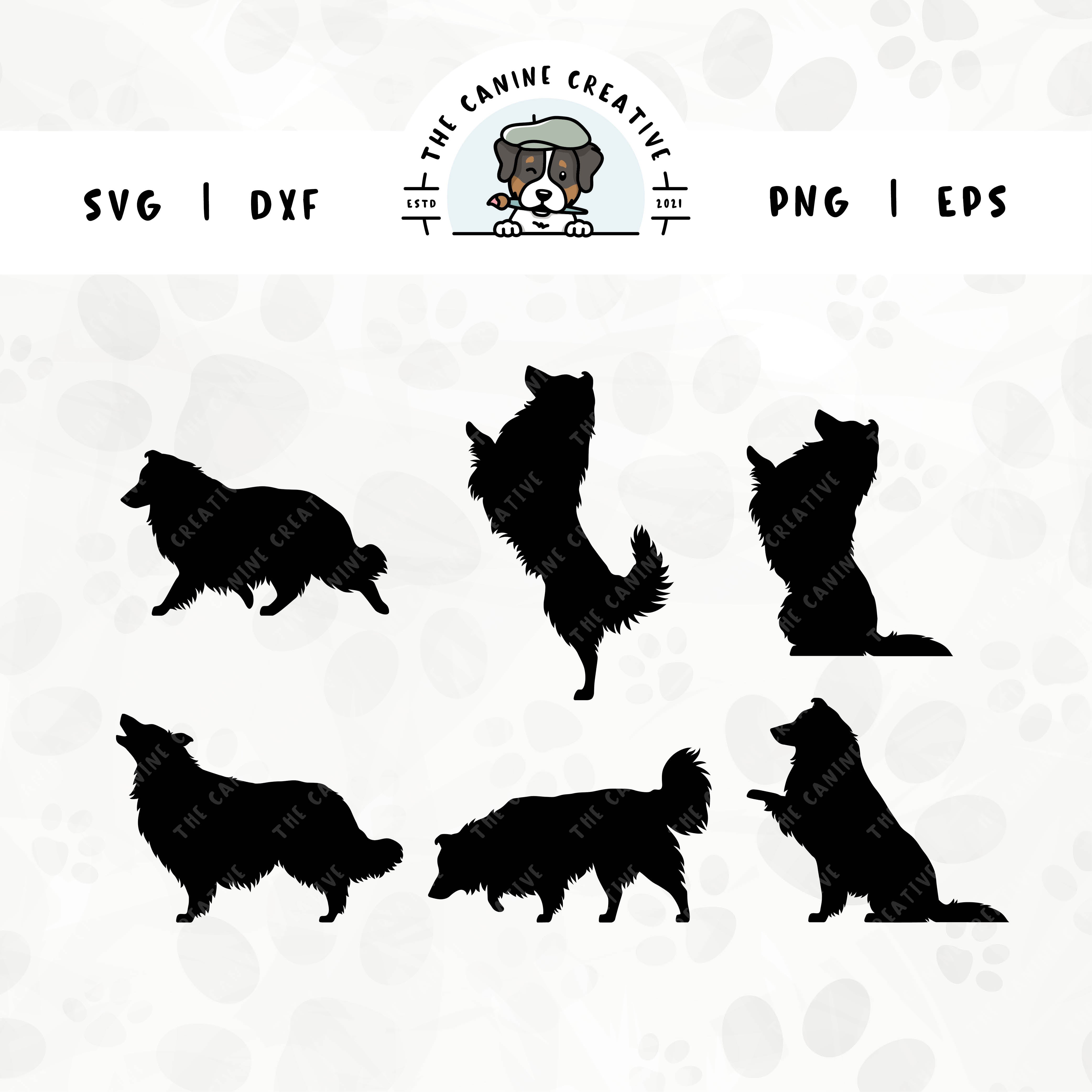 This 6-pack Rough Collie/Shetland Sheepdog silhouette bundle (set 2) features various poses including walking, jumping up, begging, barking, sniffing, and shaking paw. File formats include: SVG, DXF, PNG, and EPS.