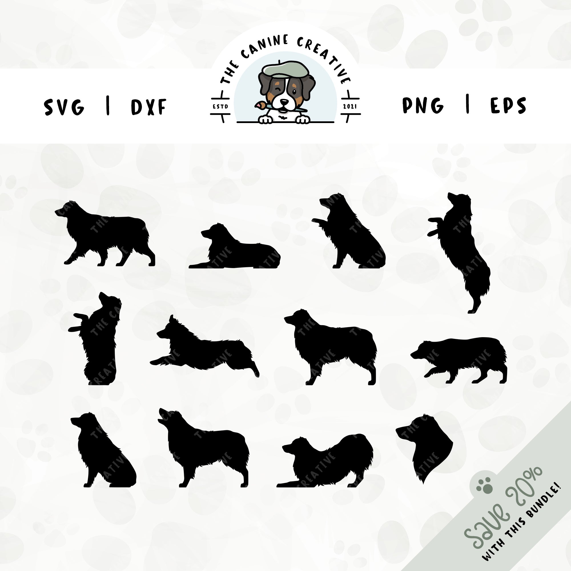 This 12-pack, docked tail Australian Shepherd silhouette bundle features a dog's head in profile, along with various poses including running, laying down, playing, standing, sitting, walking, jumping up, begging, barking, herding, and shaking a paw. File formats include: SVG, DXF, PNG, and EPS.