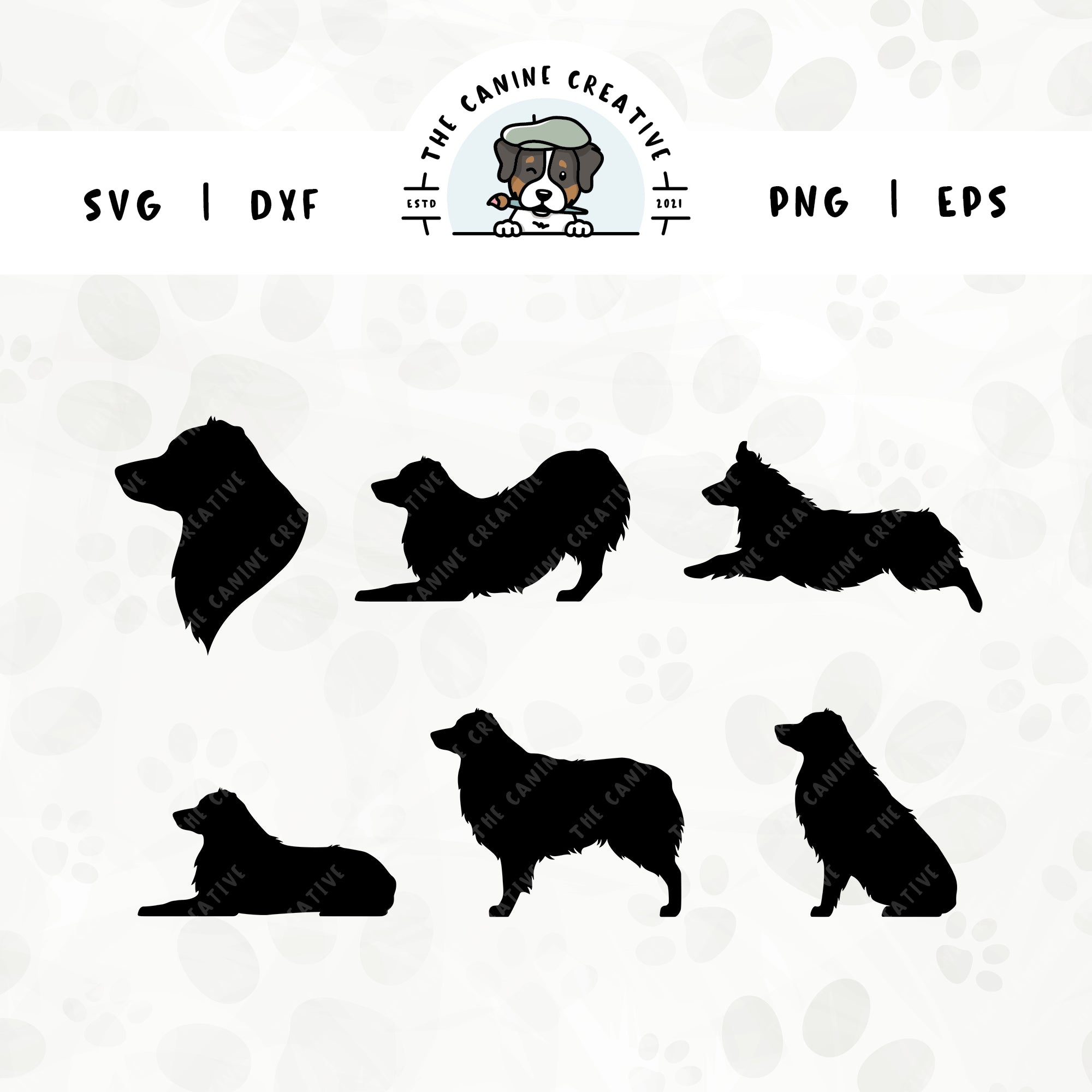 This 6-pack, docked tail Australian Shepherd silhouette bundle (set 1) features a dog's head in profile, along with various poses including running, laying down, playing, standing, and sitting. File formats include: SVG, DXF, PNG, and EPS.