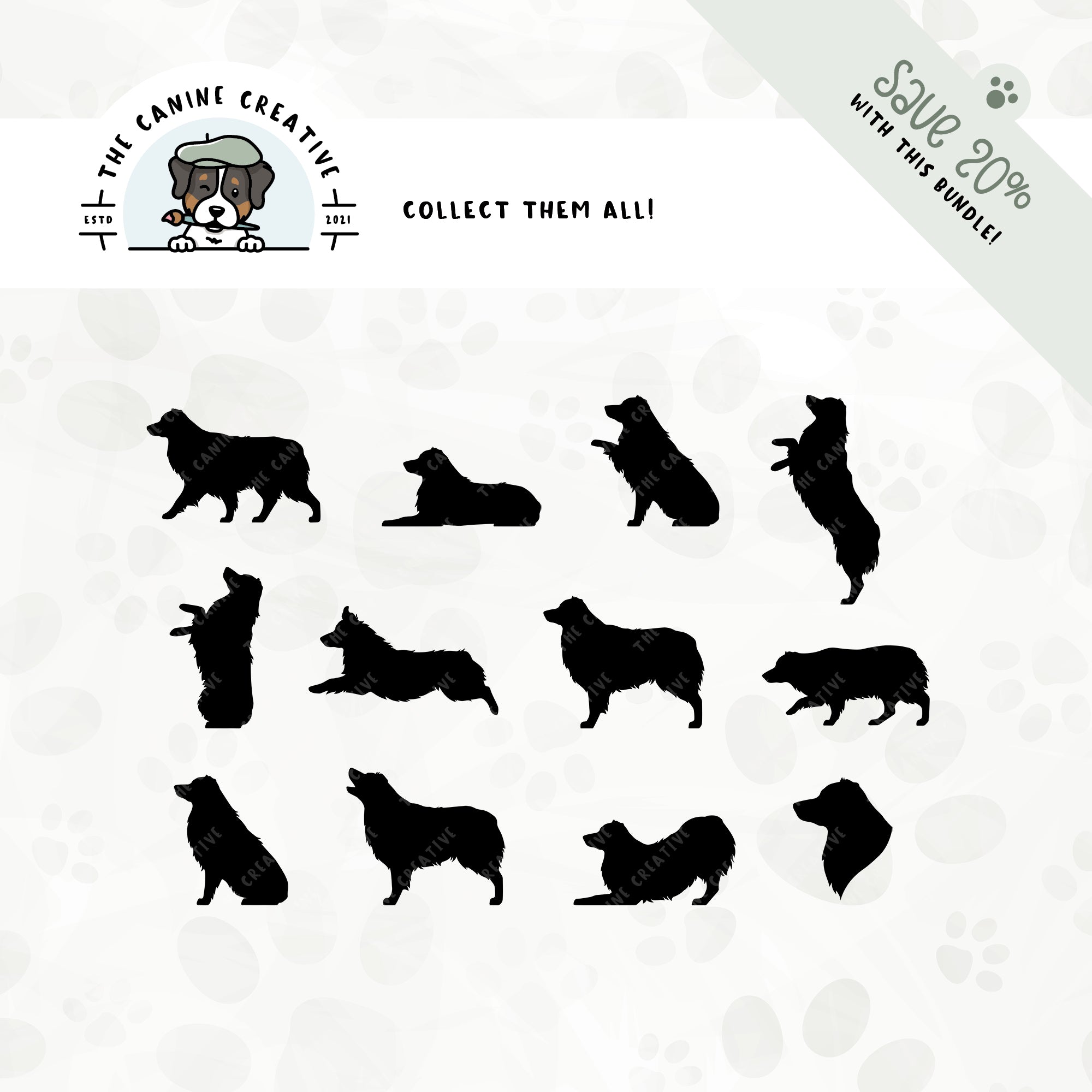 Save 20% with our related 12-pack docked tail Australian Shepherd silhouette bundle.