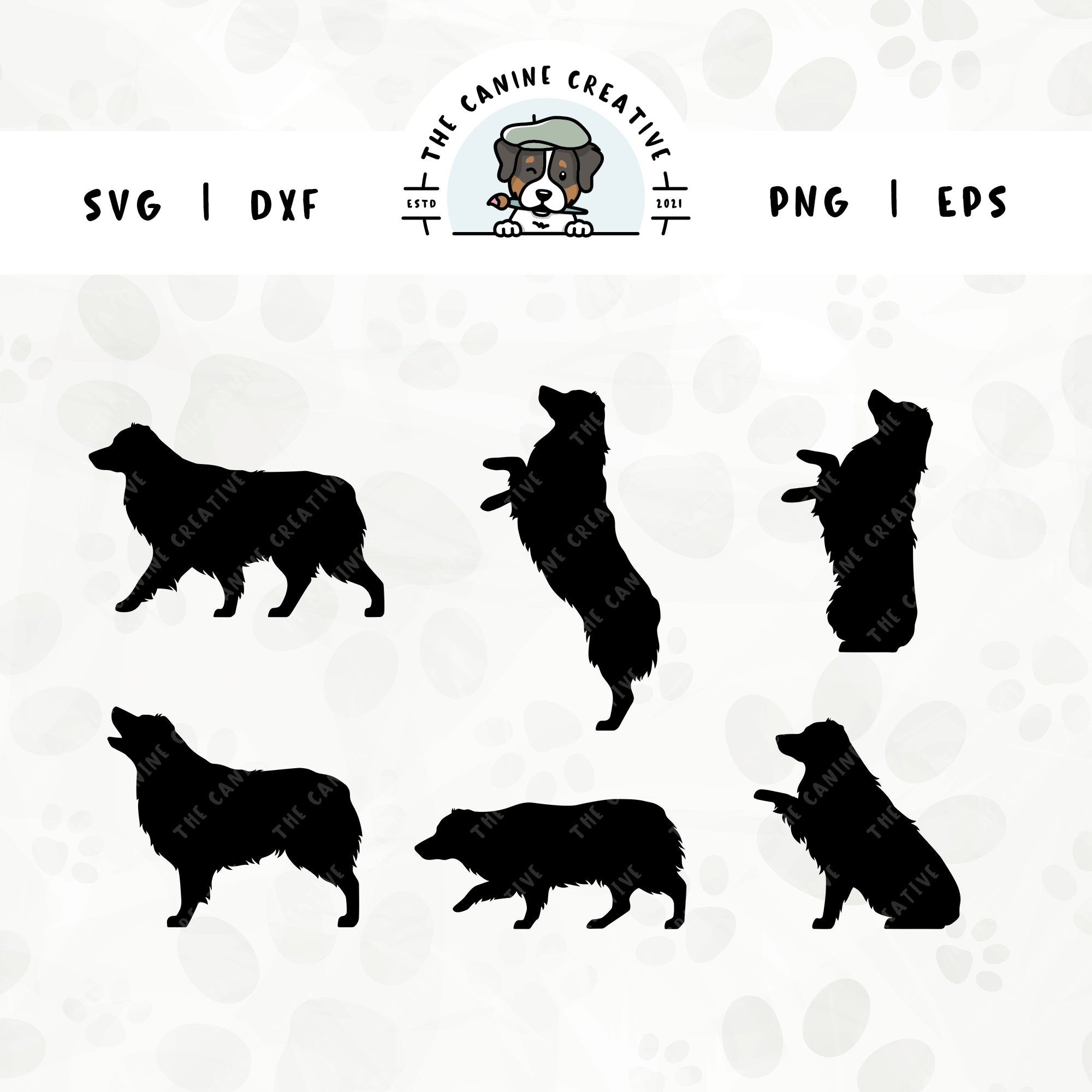 This 6-pack, docked tail Australian Shepherd silhouette bundle (set 2) features various dog poses including walking, herding, jumping up, begging, barking, and shaking a paw. File formats include: SVG, DXF, PNG, and EPS.